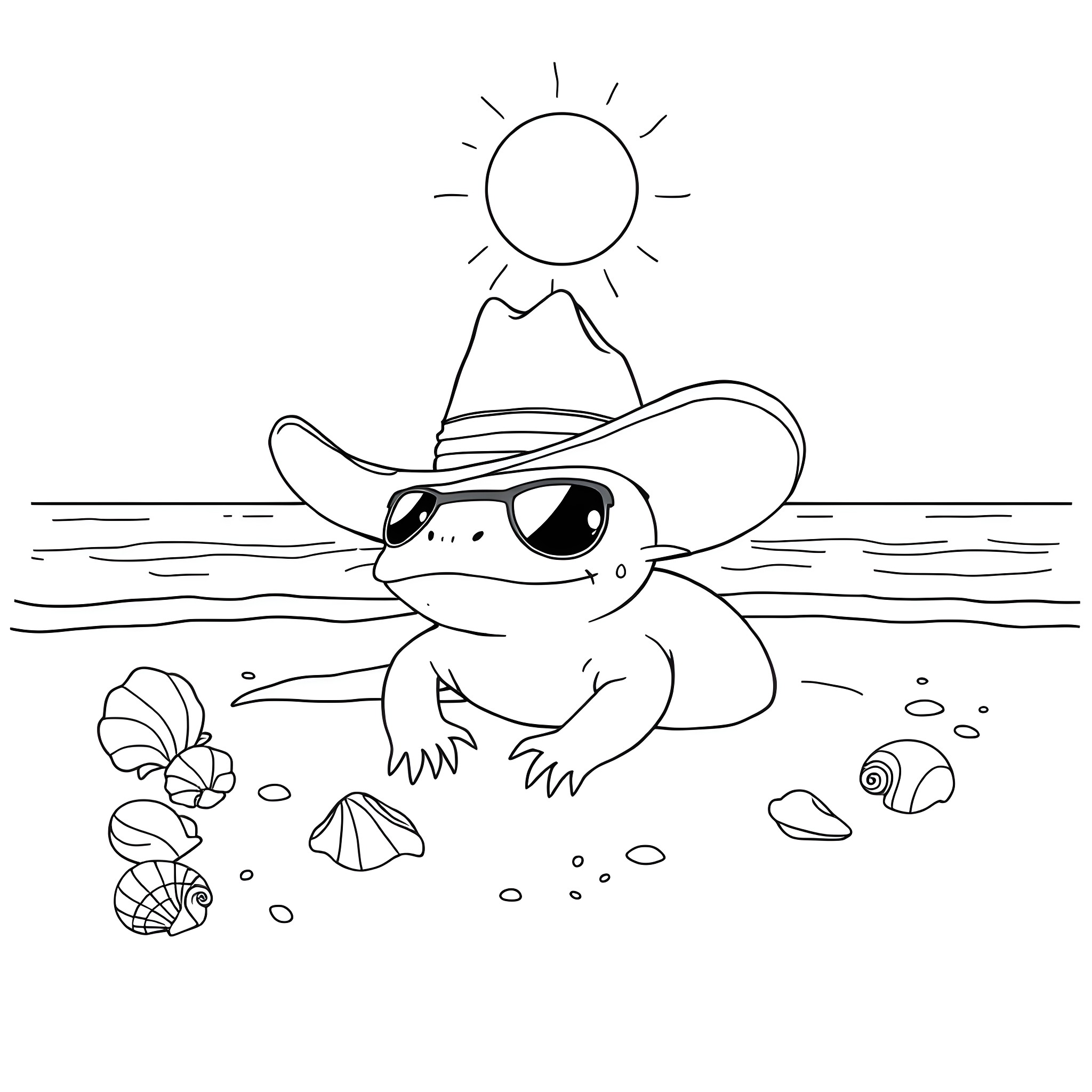 Axolotl wearing cowboy hat by the beach Coloring Page (free black-and-white line drawing printable PDF for all, from beginners to advanced learners, including children, teens, adults, and seniors)