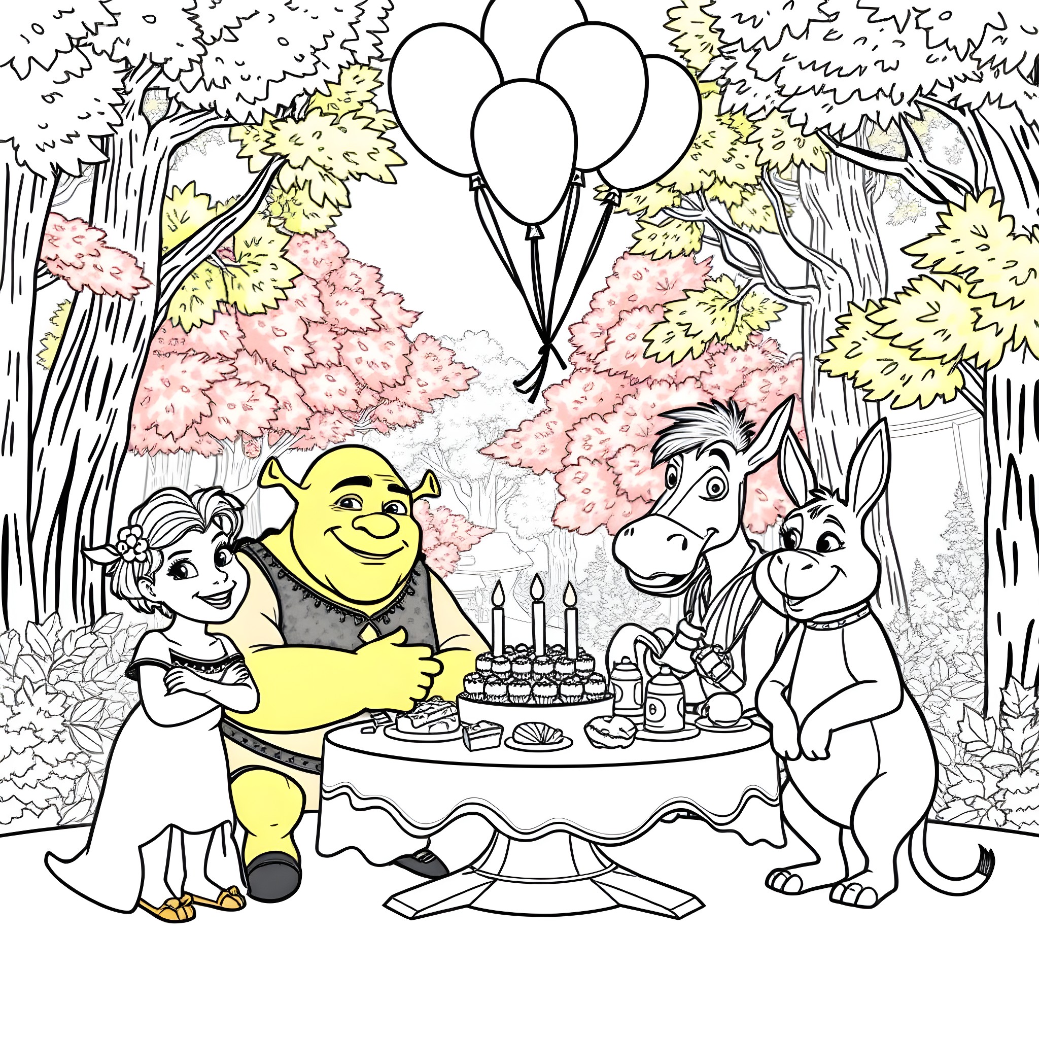 Shrek and friends celebrate birthday in the forest Coloring Page (free black-and-white line drawing printable PDF for all, from beginners to advanced learners, including children, teens, adults, and seniors)