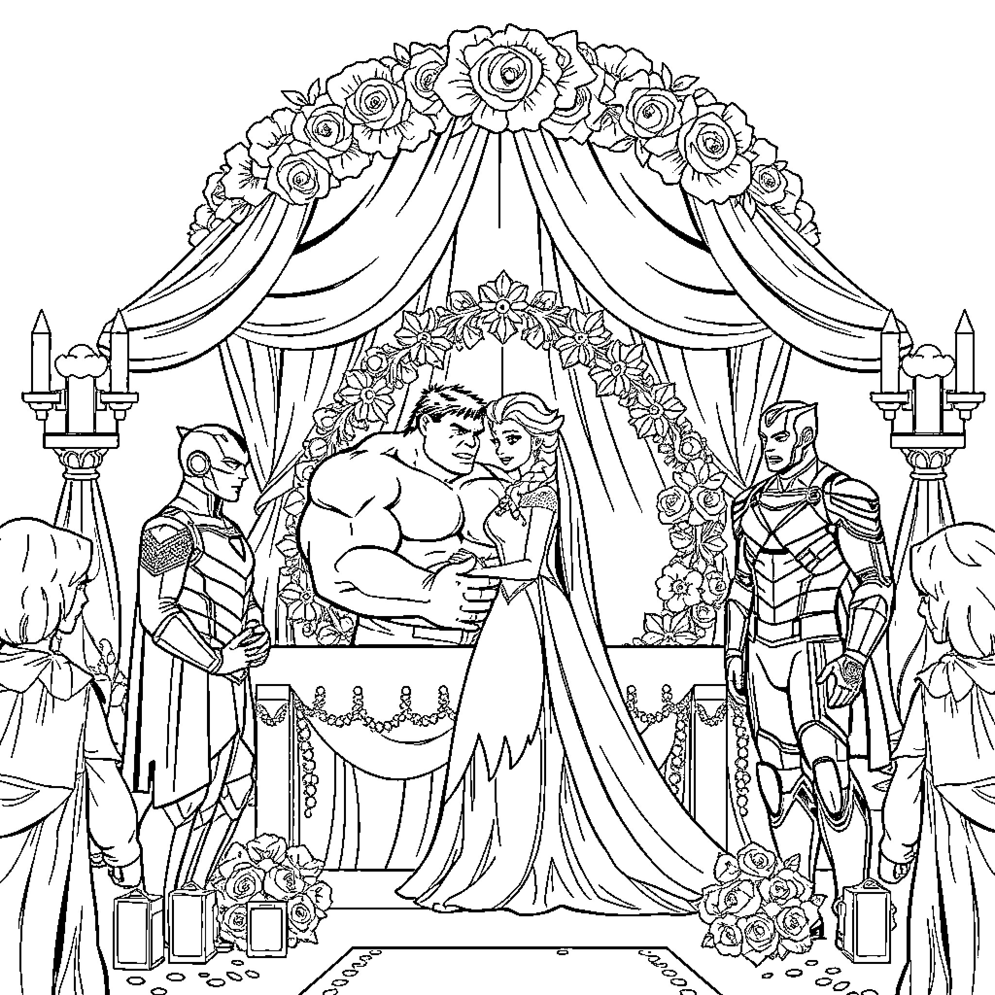 Hulk's Floral Wedding Ceremony with Guests Coloring Page (free black-and-white line drawing printable PDF for all, from beginners to advanced learners, including children, teens, adults, and seniors)