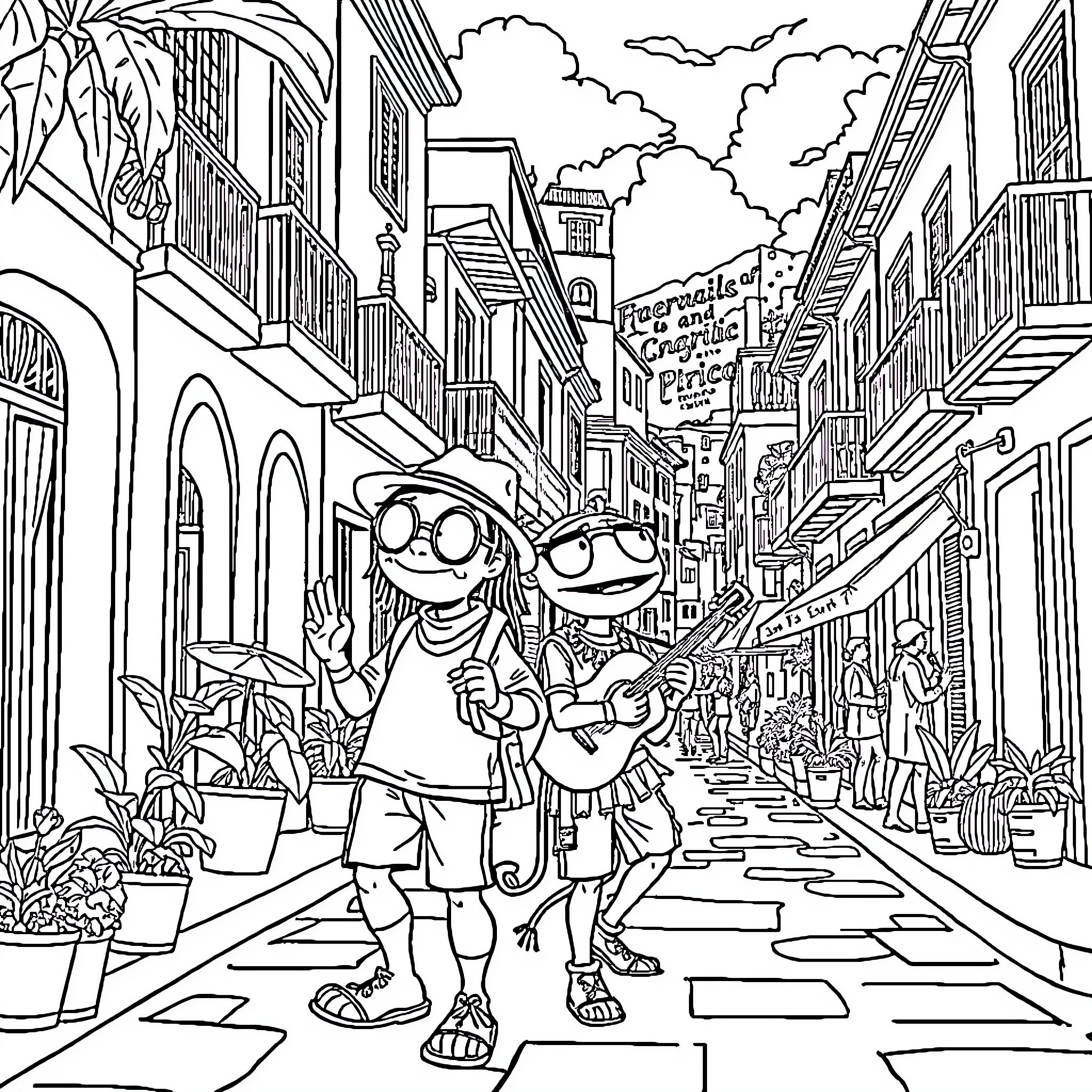 Djin characters exploring the bustling city street Coloring Page (free black-and-white line drawing printable PDF for all, from beginners to advanced learners, including children, teens, adults, and seniors)
