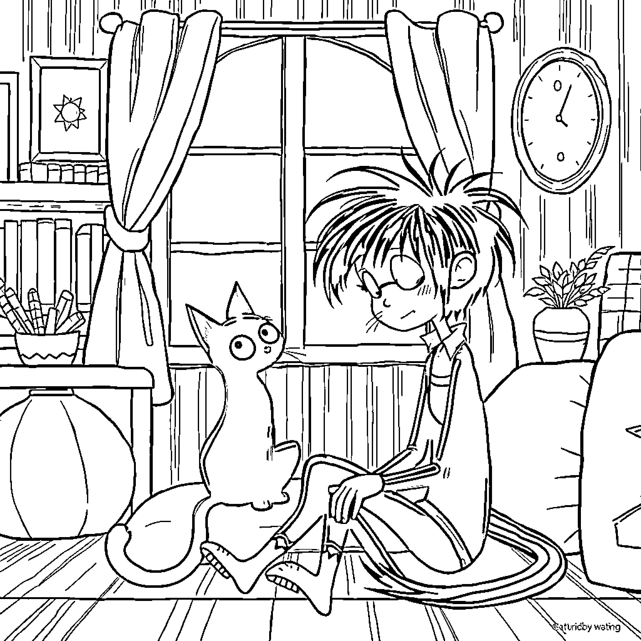 Coraline and her cat friend in a cozy bedroom Coloring Page (free black-and-white line drawing printable PDF for all, from beginners to advanced learners, including children, teens, adults, and seniors)