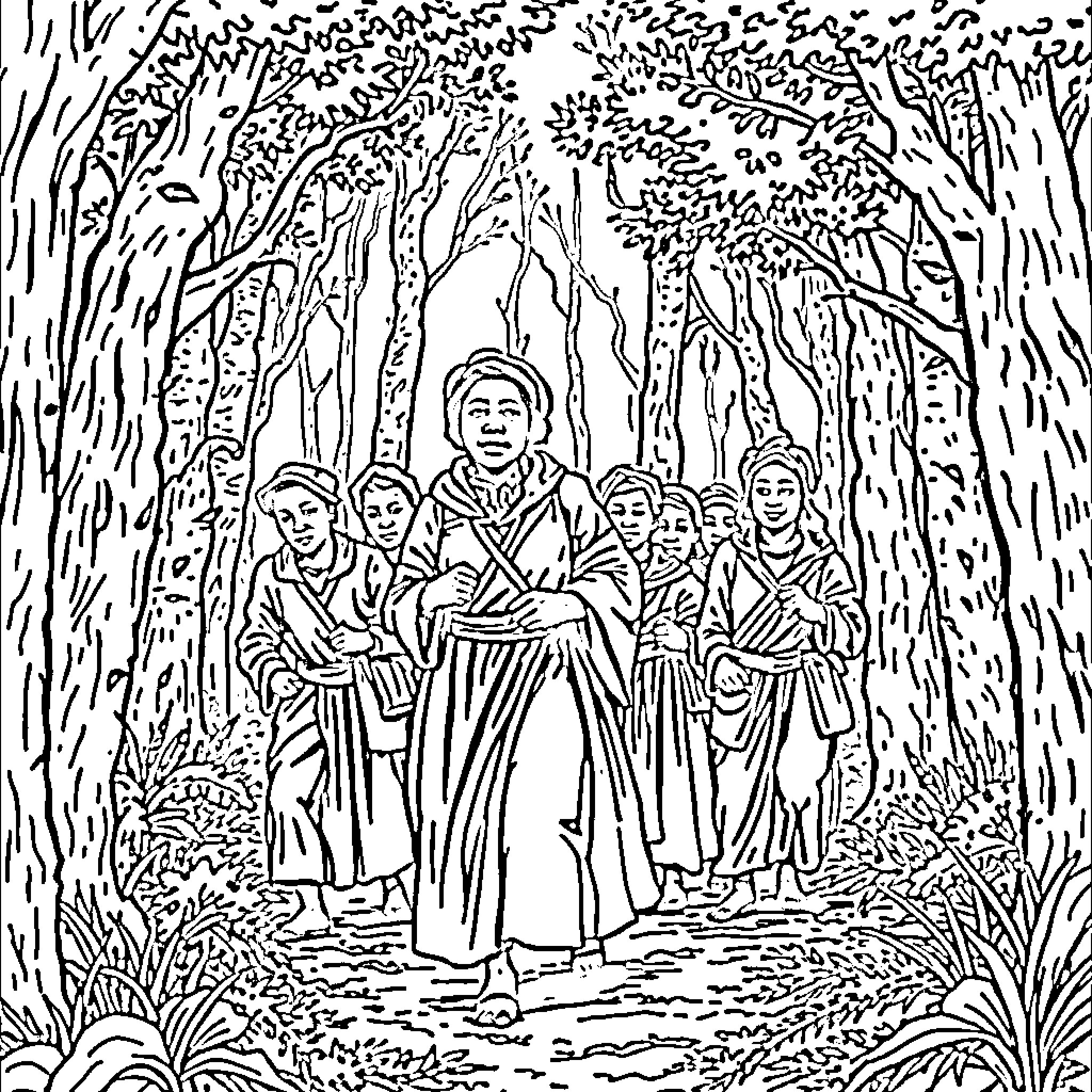 Harriet Tubman leading a group through the forest Coloring Page (free black-and-white line drawing printable PDF for all, from beginners to advanced learners, including children, teens, adults, and seniors)