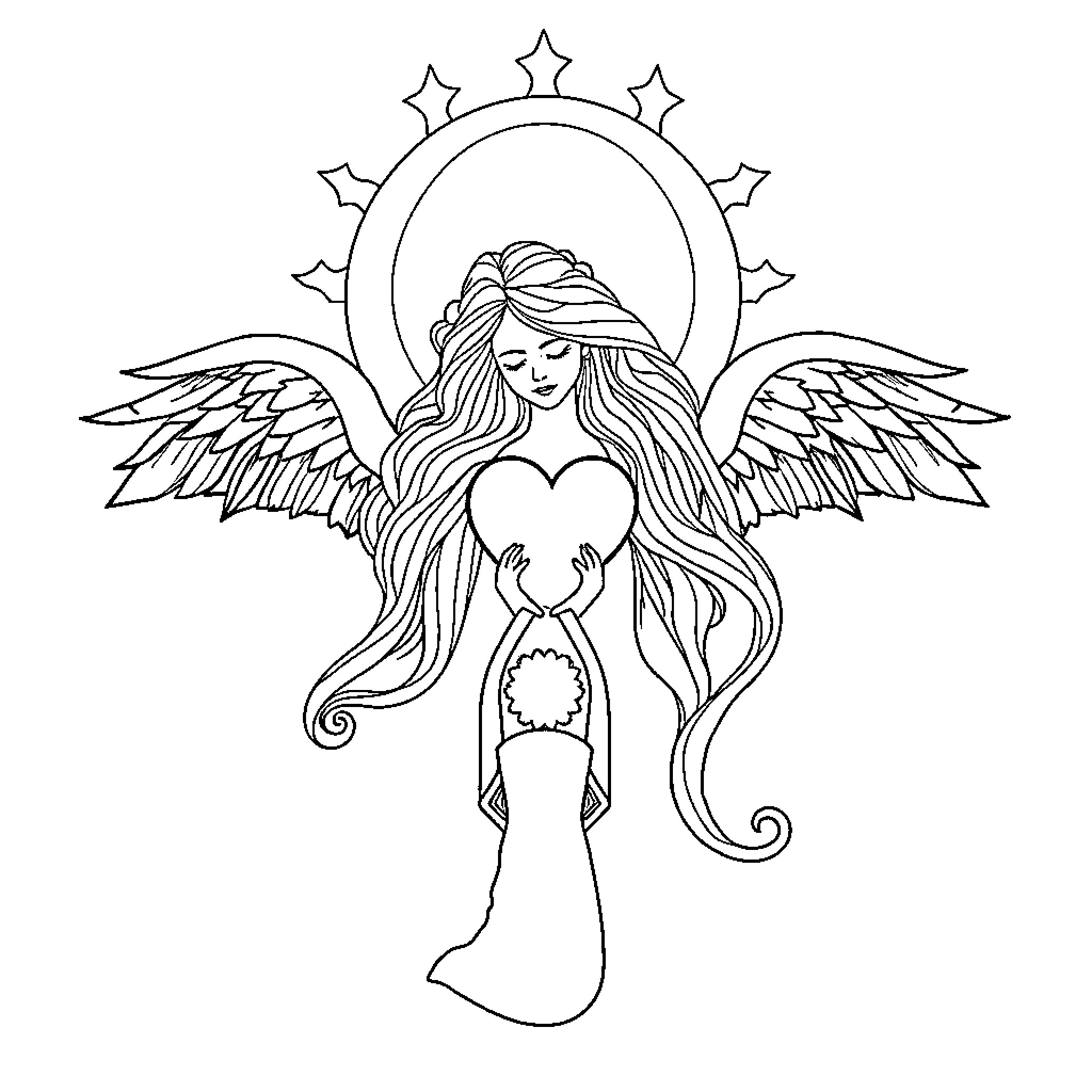 Love in the heavenly embrace of an angel Coloring Page (free black-and-white line drawing printable PDF for all, from beginners to advanced learners, including children, teens, adults, and seniors)