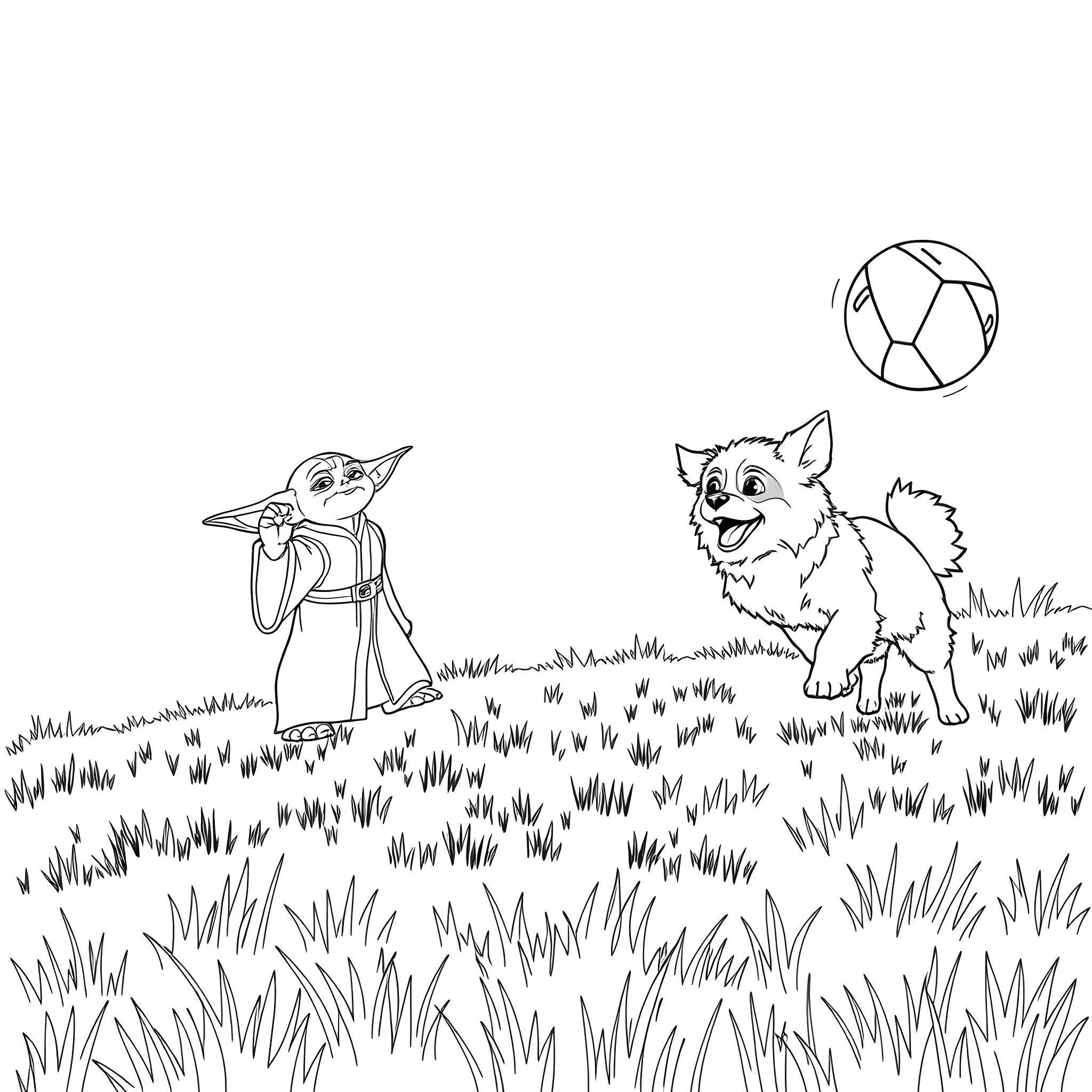 Yoda playing with puppy in grassy field Coloring Page (free black-and-white line drawing printable PDF for all, from beginners to advanced learners, including children, teens, adults, and seniors)