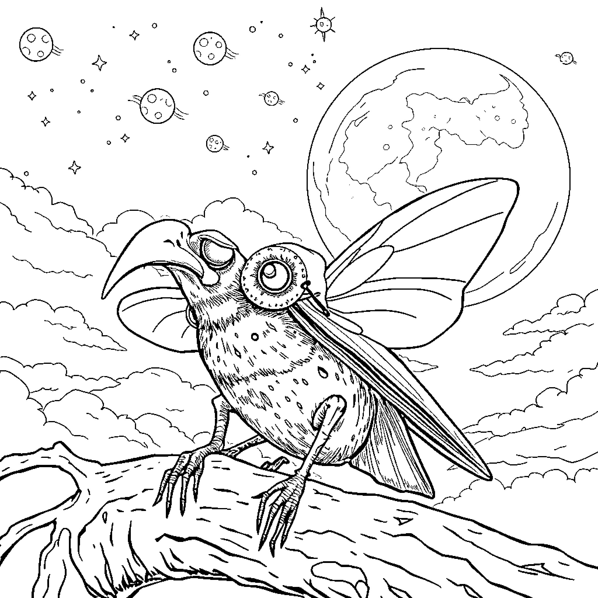 Citrouille: Whimsical Avian Creature in Cosmic Landscape Coloring Page (free black-and-white line drawing printable PDF for all, from beginners to advanced learners, including children, teens, adults, and seniors)