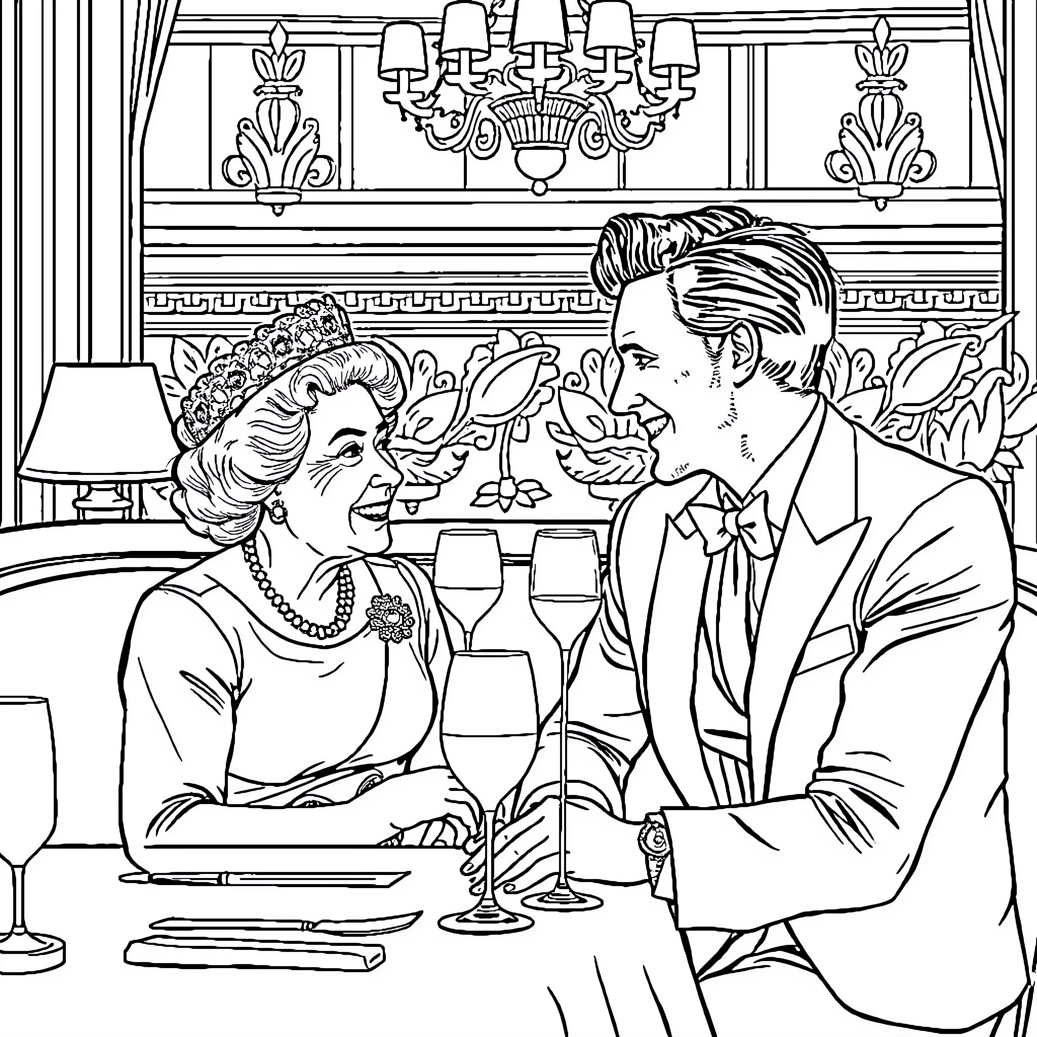 Queen Enjoying a Formal Dinner with Companion Coloring Page (free black-and-white line drawing printable PDF for all, from beginners to advanced learners, including children, teens, adults, and seniors)