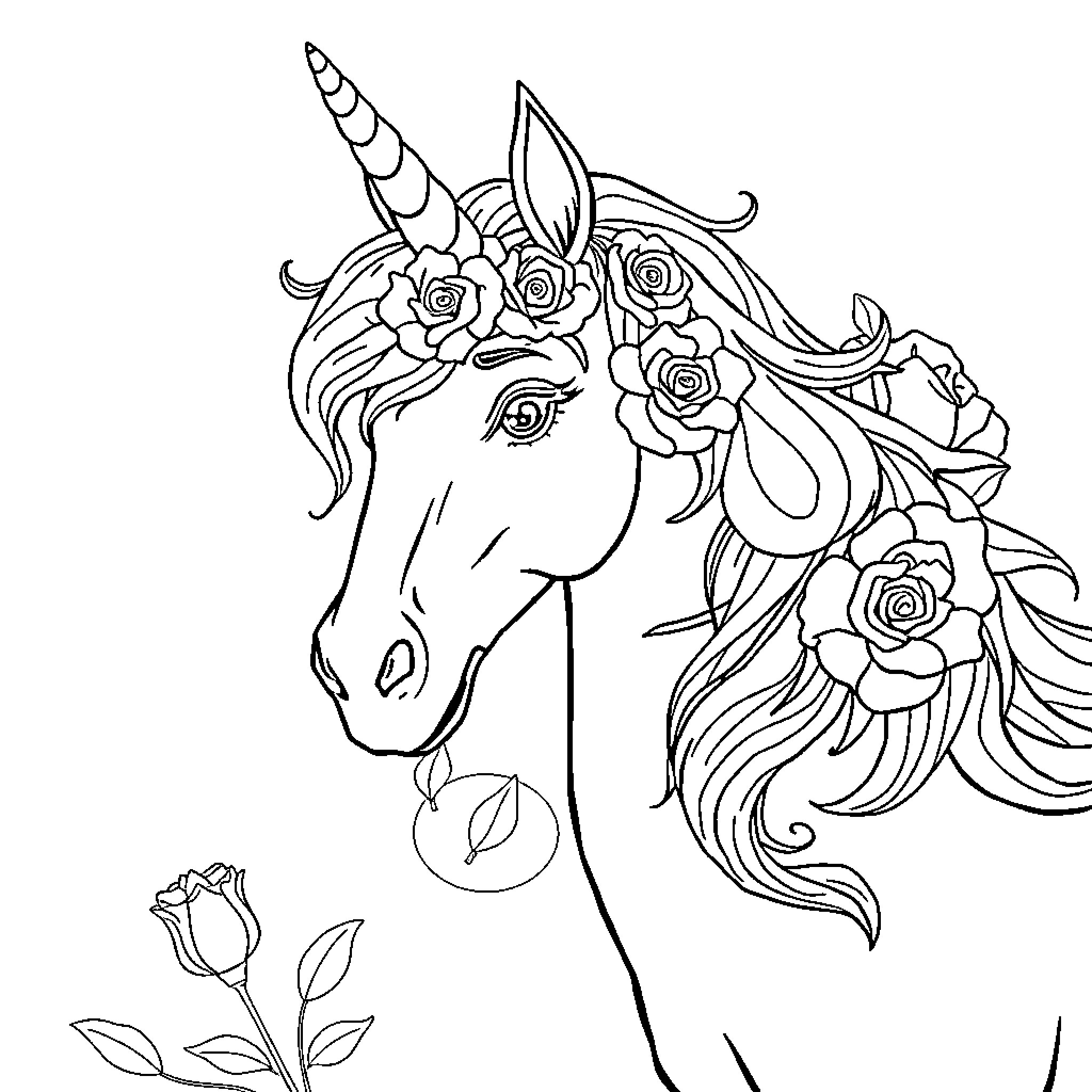 Unicorn adorned with enchanting floral elements Coloring Page (free black-and-white line drawing printable PDF for all, from beginners to advanced learners, including children, teens, adults, and seniors)