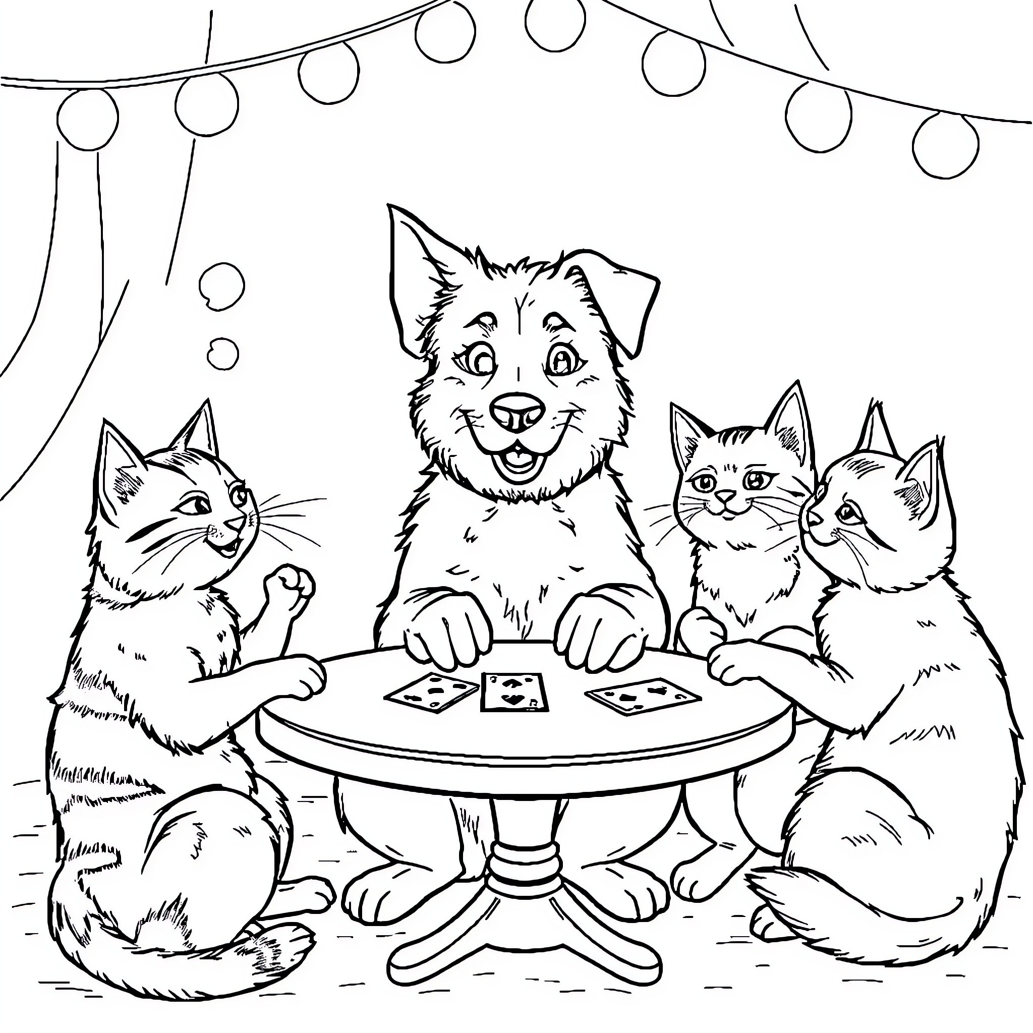 Dog and Cats Playing Cards Under Lights Coloring Page (free black-and-white line drawing printable PDF for all, from beginners to advanced learners, including children, teens, adults, and seniors)