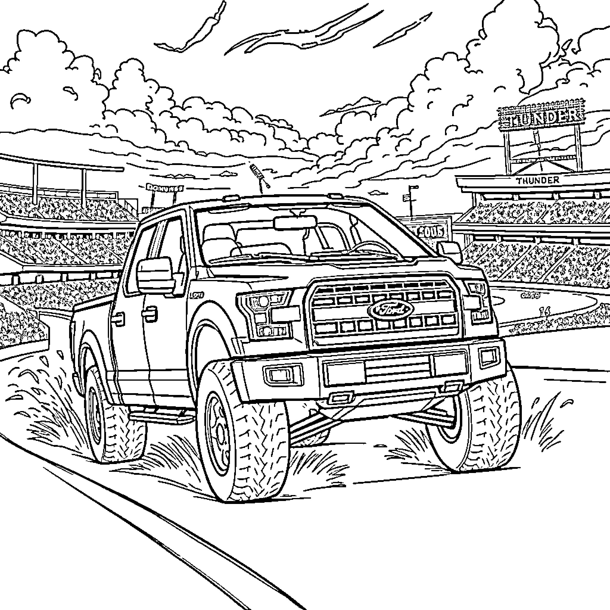 Dude driving monster truck in stadium Coloring Page (free black-and-white line drawing printable PDF for all, from beginners to advanced learners, including children, teens, adults, and seniors)