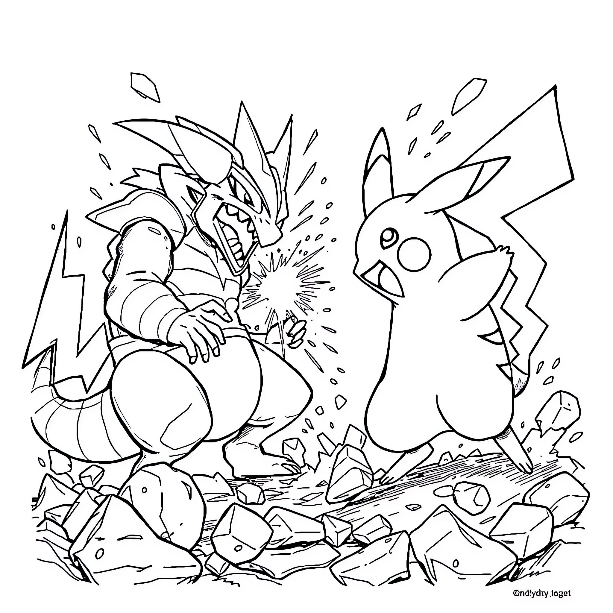 Pikachu clashing with a fierce Pokémon in an intense battle Coloring Page (free black-and-white line drawing printable PDF for all, from beginners to advanced learners, including children, teens, adults, and seniors)