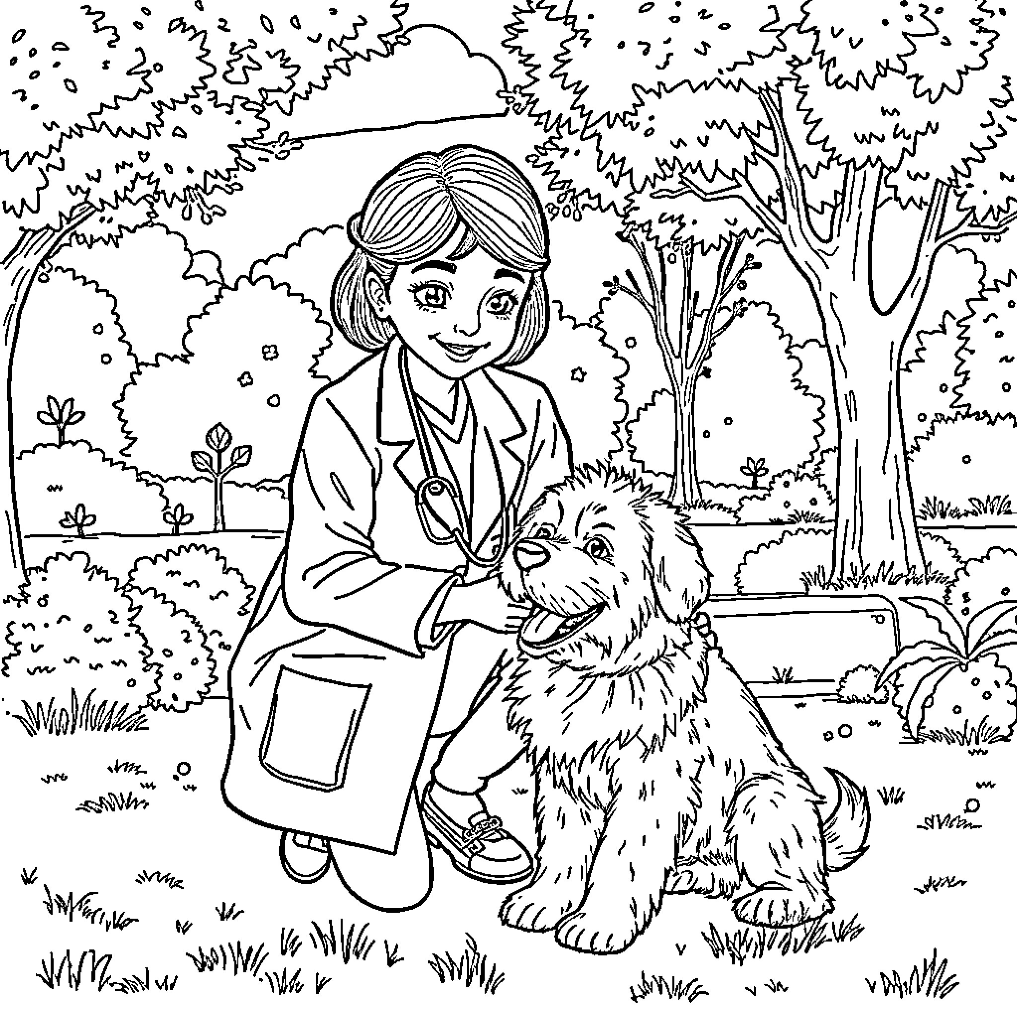 Girl Doctor Caring for Friendly Dog in Nature Coloring Page (free black-and-white line drawing printable PDF for all, from beginners to advanced learners, including children, teens, adults, and seniors)