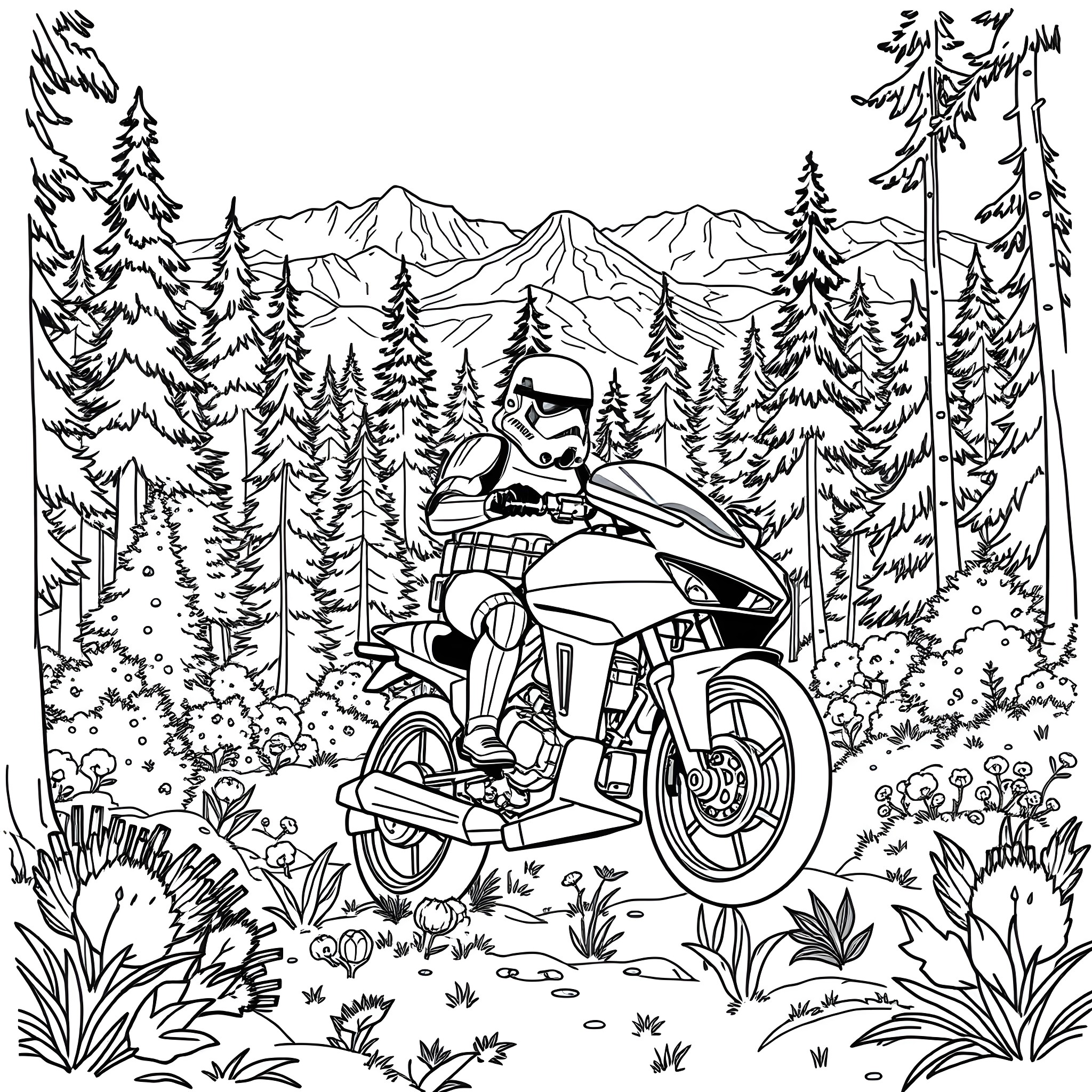 Stormtrooper riding motorcycle through forested mountain landscape Coloring Page (free black-and-white line drawing printable PDF for all, from beginners to advanced learners, including children, teens, adults, and seniors)