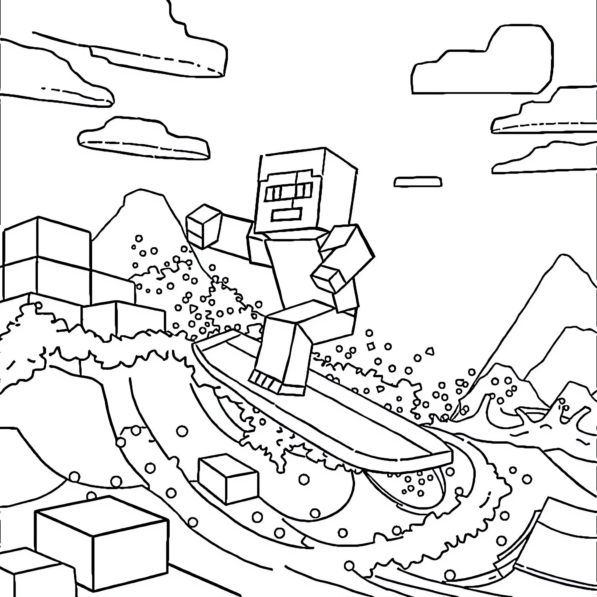 Minecraft character traversing a snowy landscape Coloring Page (free black-and-white line drawing printable PDF for all, from beginners to advanced learners, including children, teens, adults, and seniors)
