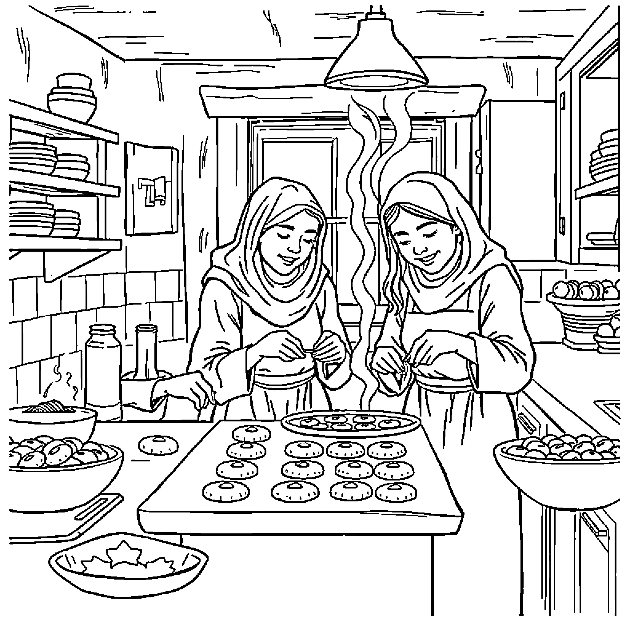 Mormon women baking cookies in kitchen Coloring Page (free black-and-white line drawing printable PDF for all, from beginners to advanced learners, including children, teens, adults, and seniors)