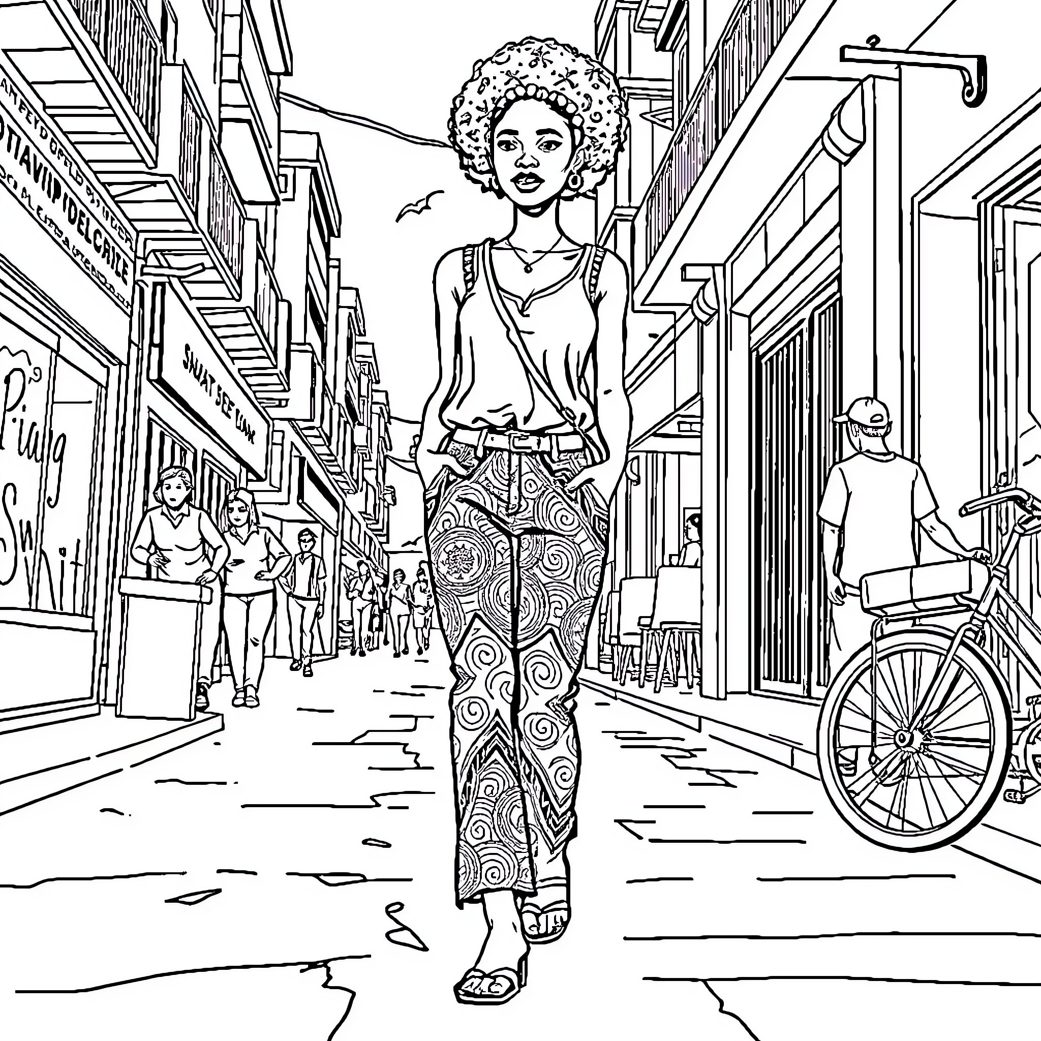 Girl walking confidently down a city street Coloring Page (free black-and-white line drawing printable PDF for all, from beginners to advanced learners, including children, teens, adults, and seniors)