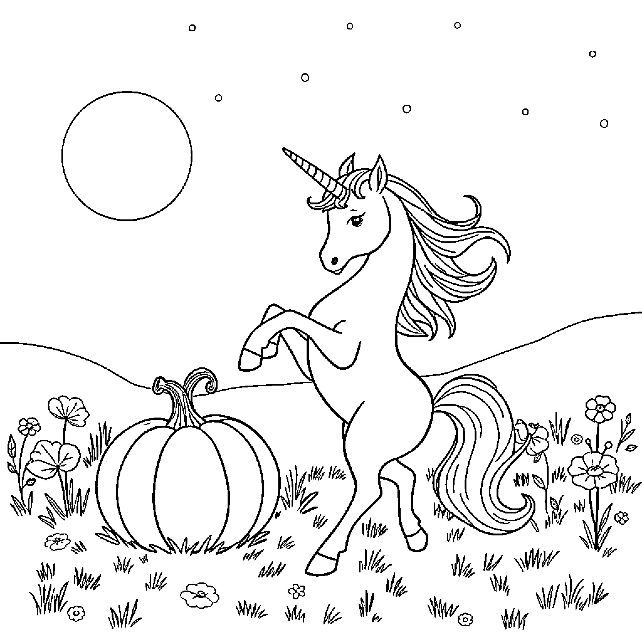 Unicorn standing near a pumpkin in a magical field Coloring Page (free black-and-white line drawing printable PDF for all, from beginners to advanced learners, including children, teens, adults, and seniors)