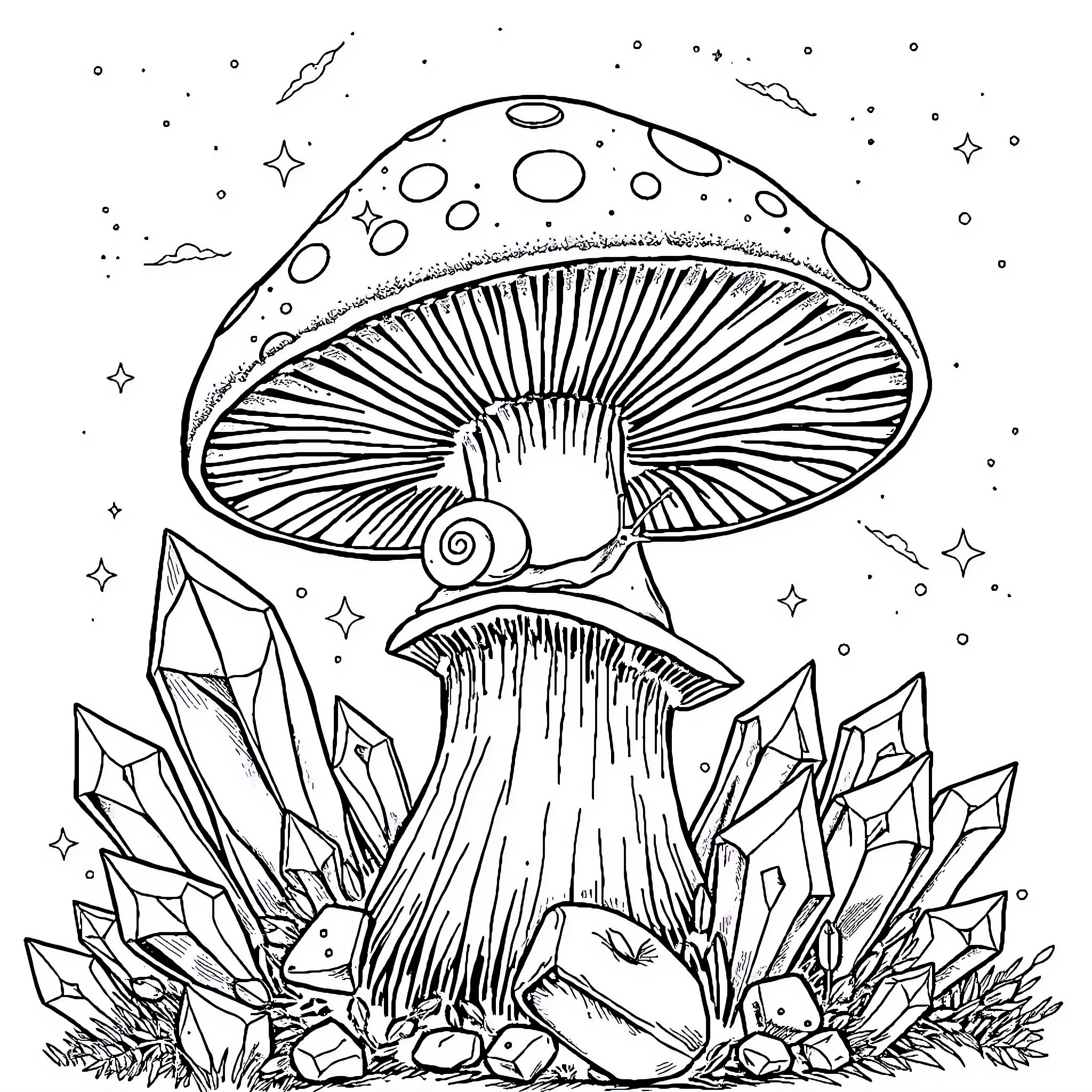 Snail exploring the magical mushroom kingdom Coloring Page (free black-and-white line drawing printable PDF for all, from beginners to advanced learners, including children, teens, adults, and seniors)