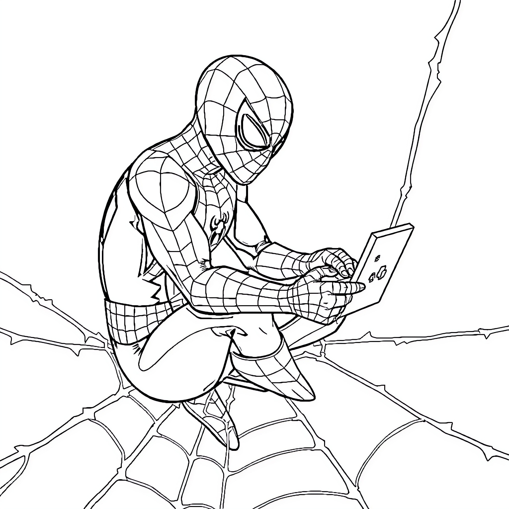Spider-Man swinging through the city with web Coloring Page (free black-and-white line drawing printable PDF for all, from beginners to advanced learners, including children, teens, adults, and seniors)