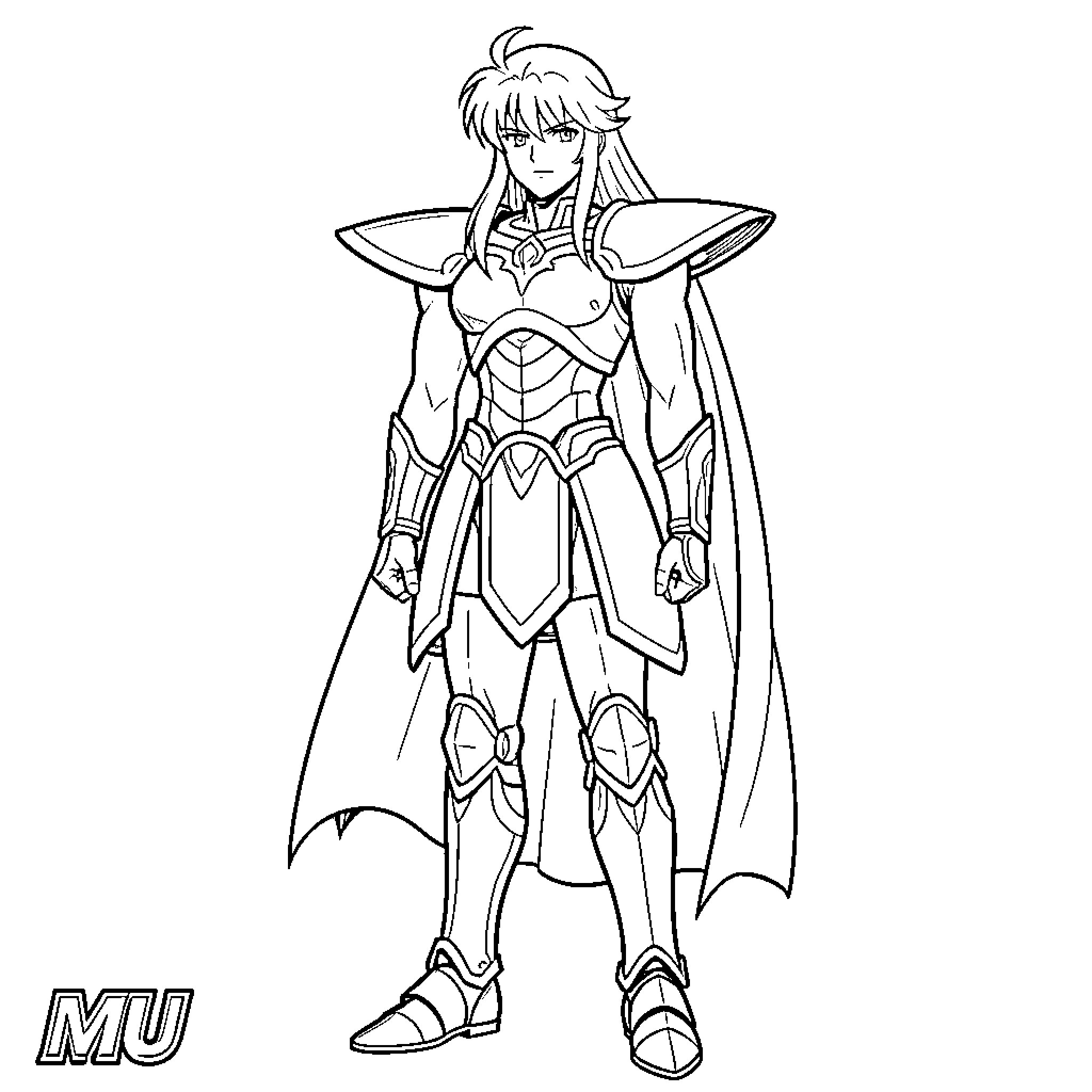 Mu standing heroically in detailed knight armor Coloring Page (free black-and-white line drawing printable PDF for all, from beginners to advanced learners, including children, teens, adults, and seniors)