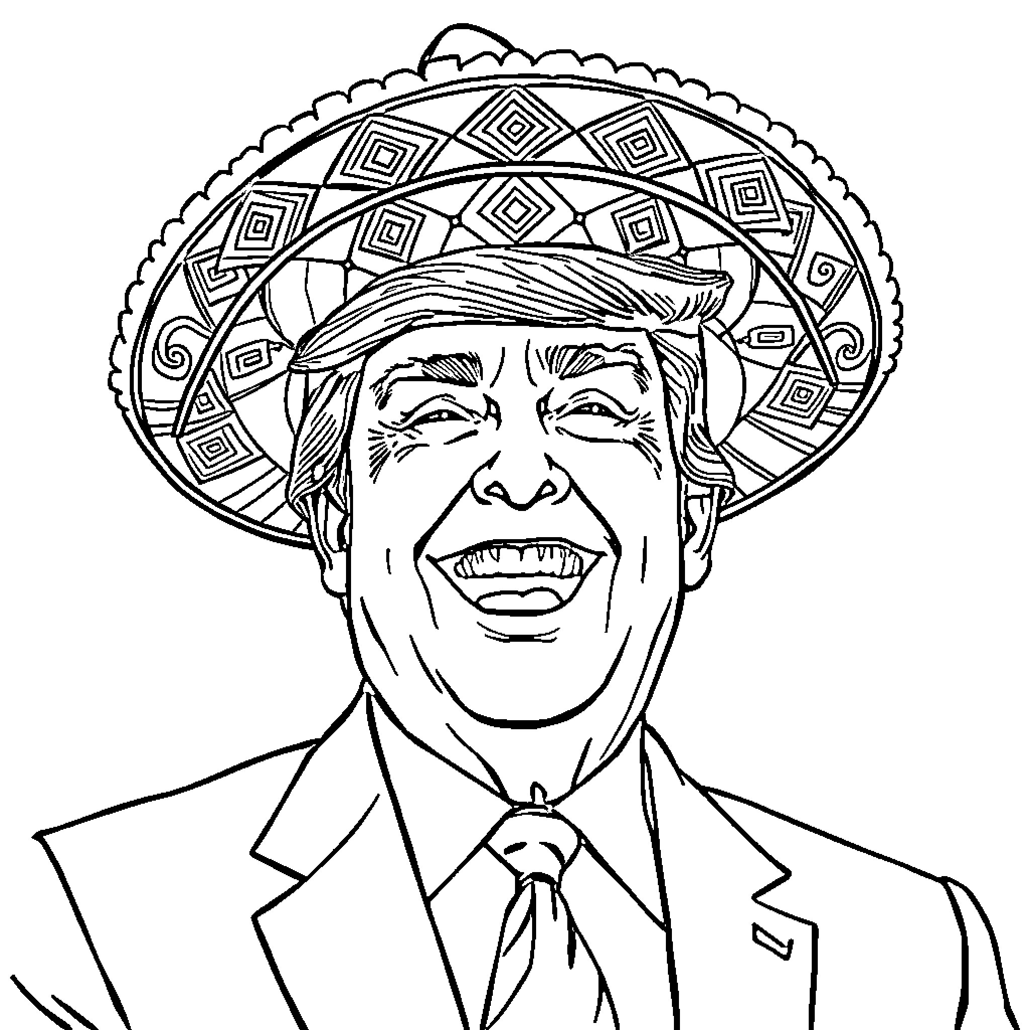 Donald Trump wearing traditional Mexican sombrero hat Coloring Page (free black-and-white line drawing printable PDF for all, from beginners to advanced learners, including children, teens, adults, and seniors)