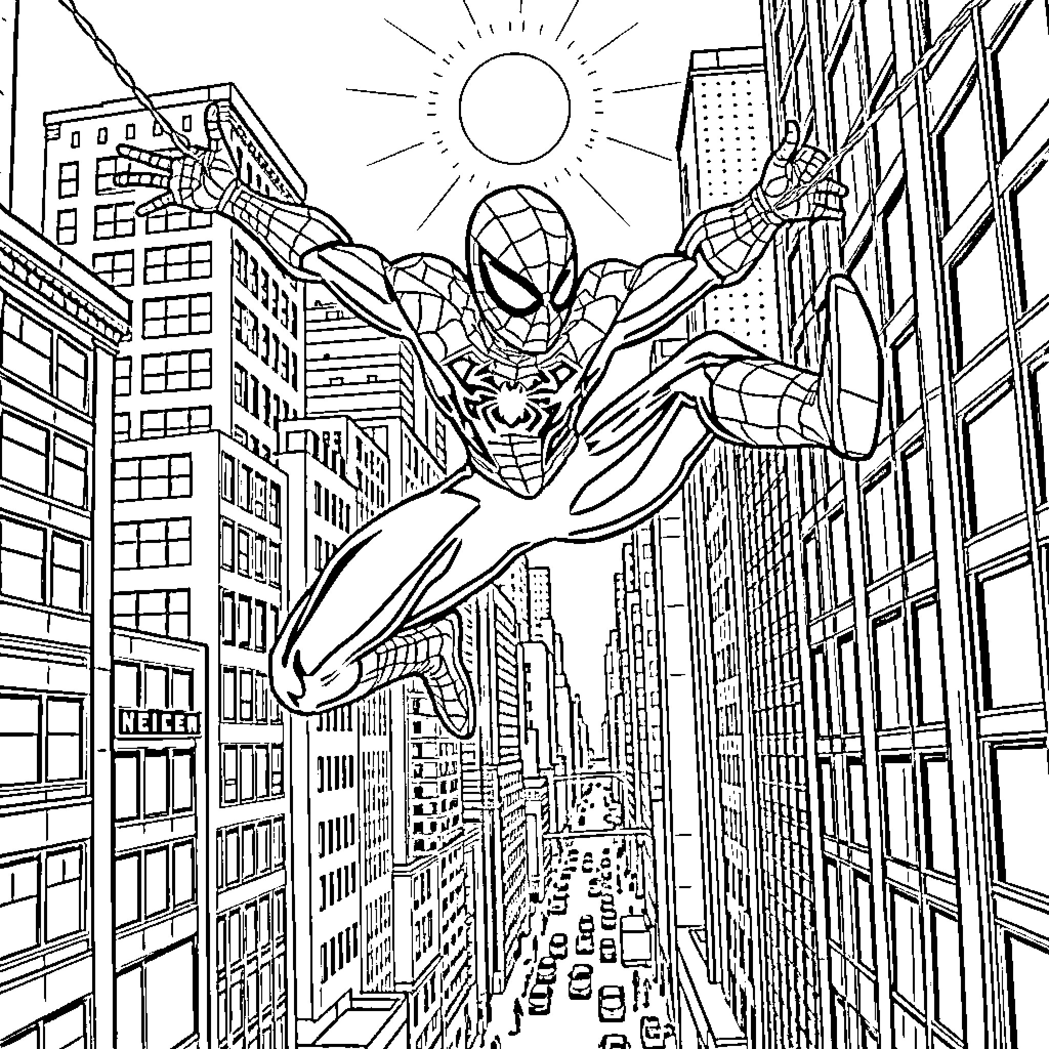 Spider-Man swinging through the city skyline Coloring Page (free black-and-white line drawing printable PDF for all, from beginners to advanced learners, including children, teens, adults, and seniors)