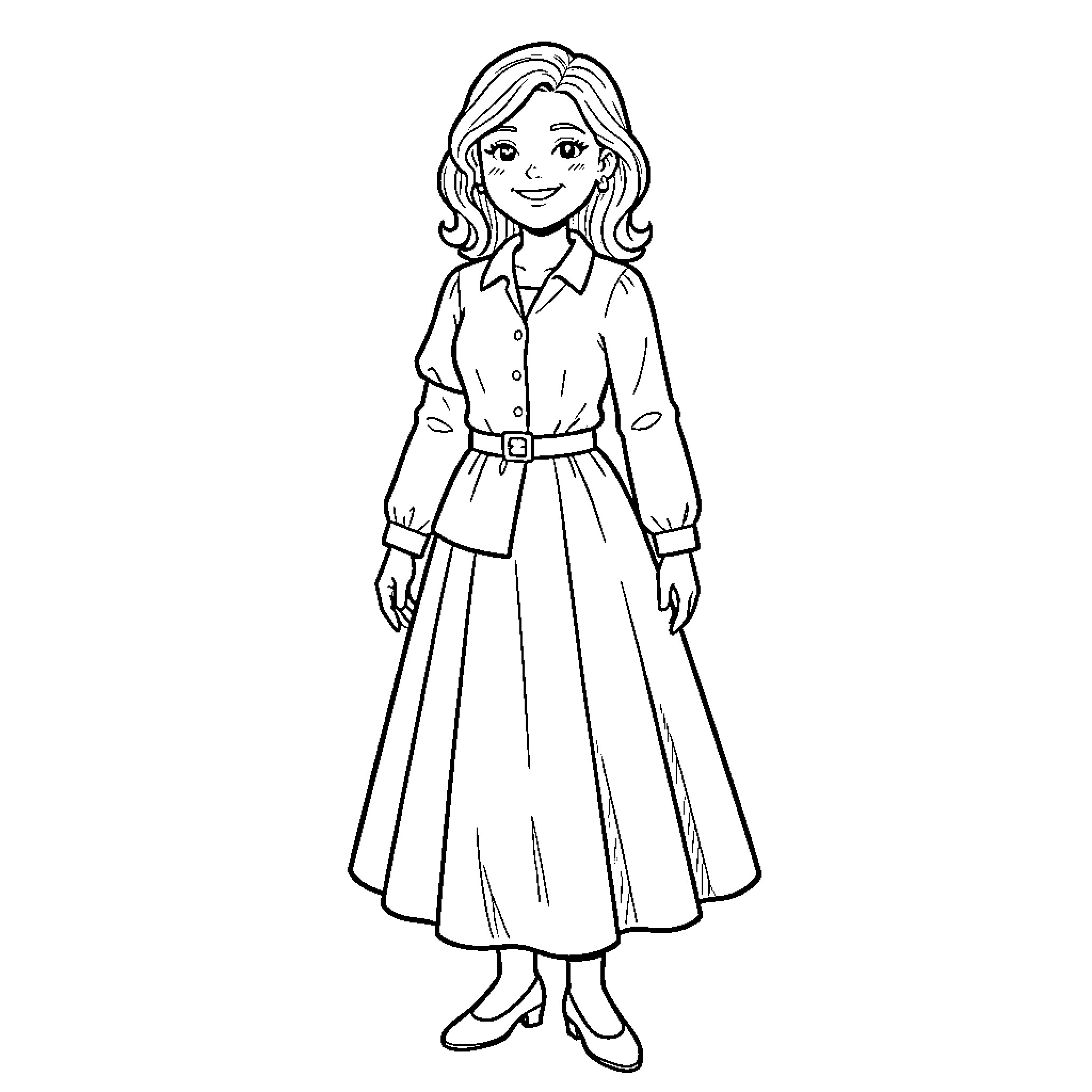 Belina exploring the world in a long dress Coloring Page (free black-and-white line drawing printable PDF for all, from beginners to advanced learners, including children, teens, adults, and seniors)