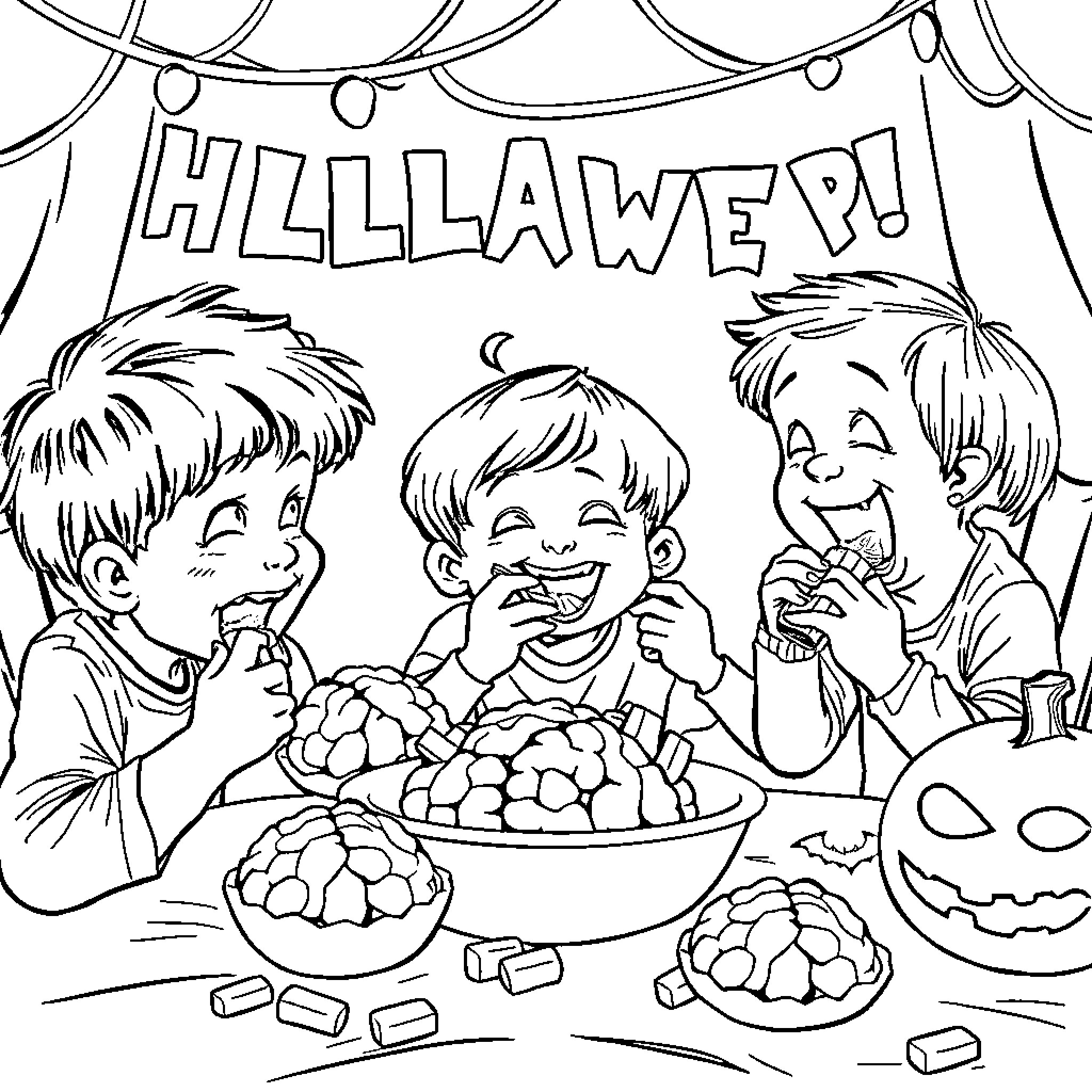 Kids enjoying Halloween snacks at a party Coloring Page (free black-and-white line drawing printable PDF for all, from beginners to advanced learners, including children, teens, adults, and seniors)