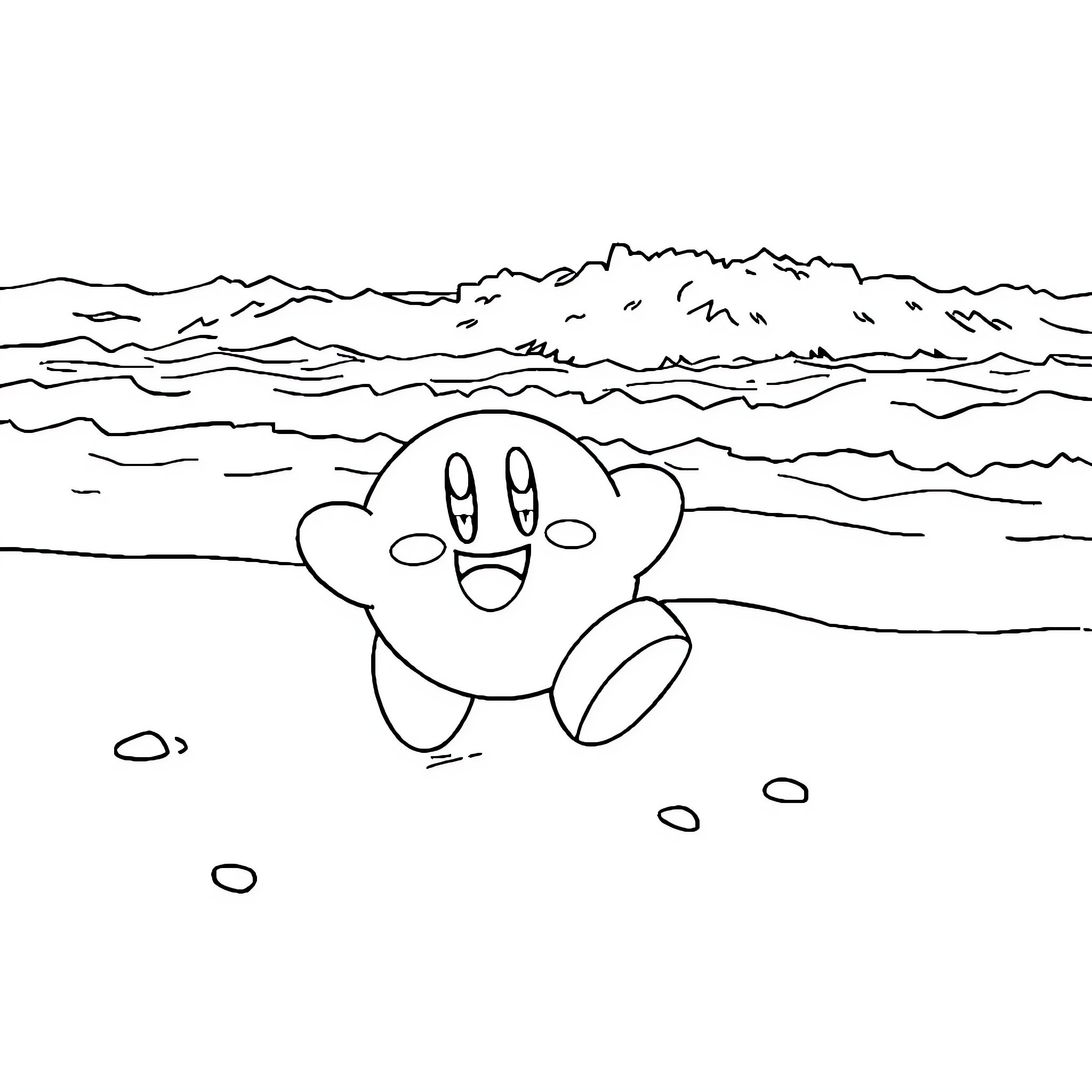Kirby enjoying the beach scenery Coloring Page (free black-and-white line drawing printable PDF for all, from beginners to advanced learners, including children, teens, adults, and seniors)