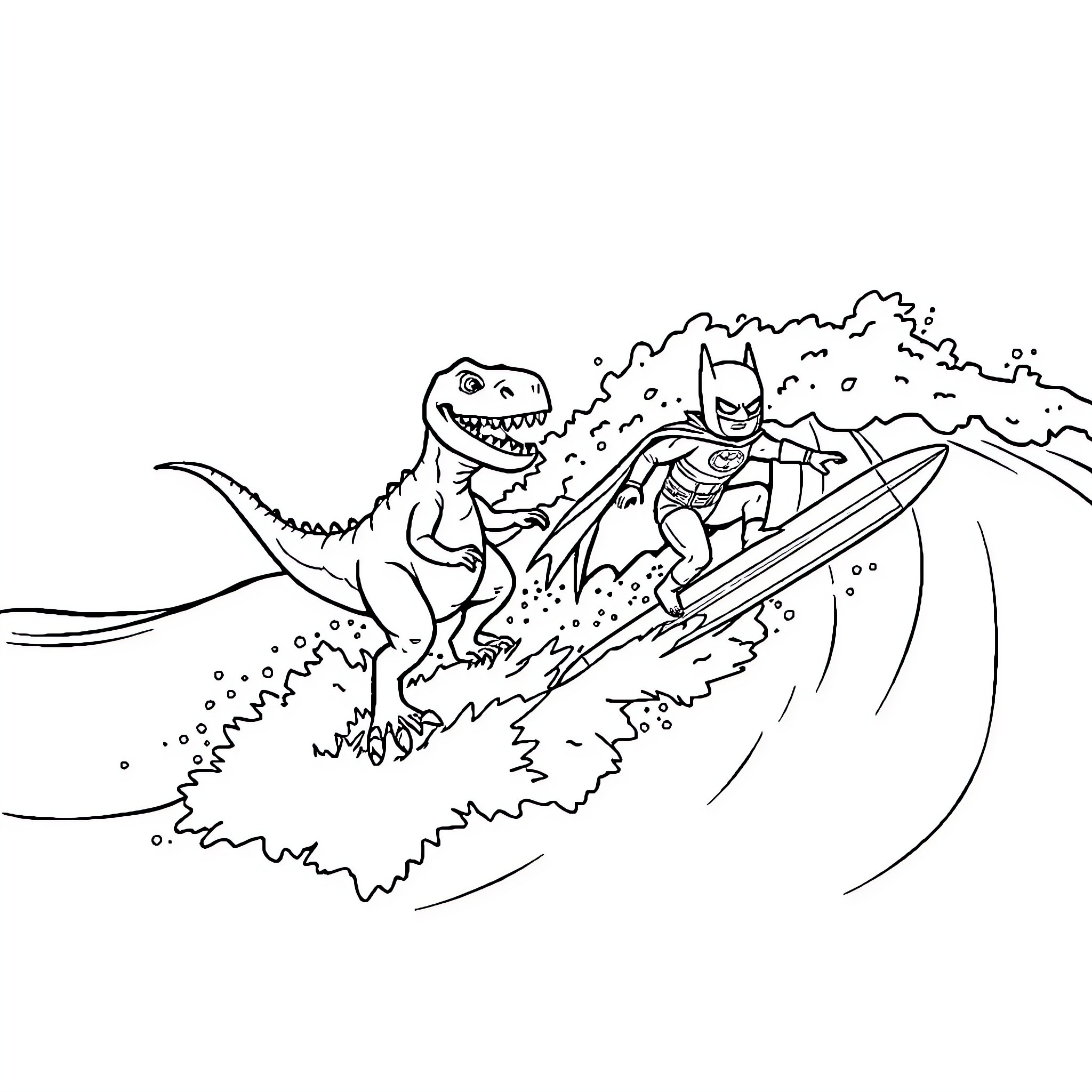 Dino Superhero Surfs Epic Wave Coloring Page (free black-and-white line drawing printable PDF for all, from beginners to advanced learners, including children, teens, adults, and seniors)