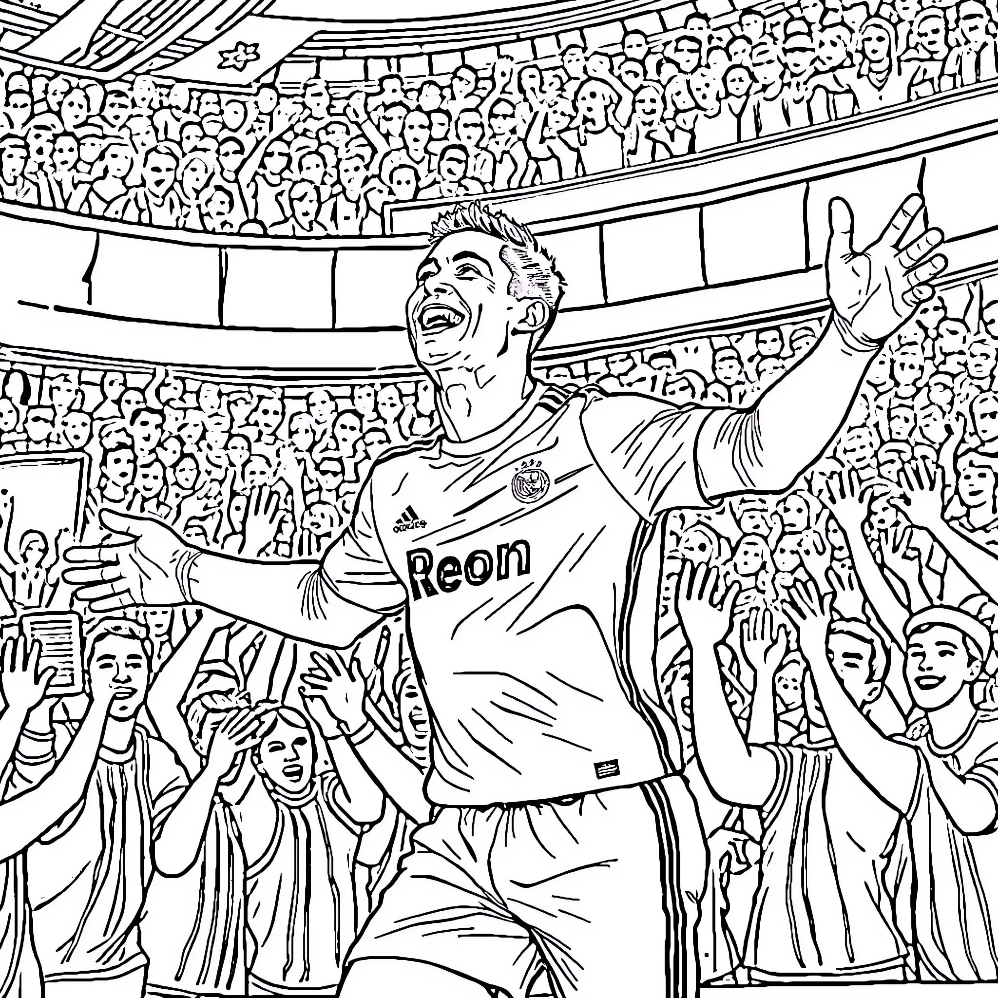 Ronaldo Celebrating Victory with Crowd at Stadium Coloring Page (free black-and-white line drawing printable PDF for all, from beginners to advanced learners, including children, teens, adults, and seniors)