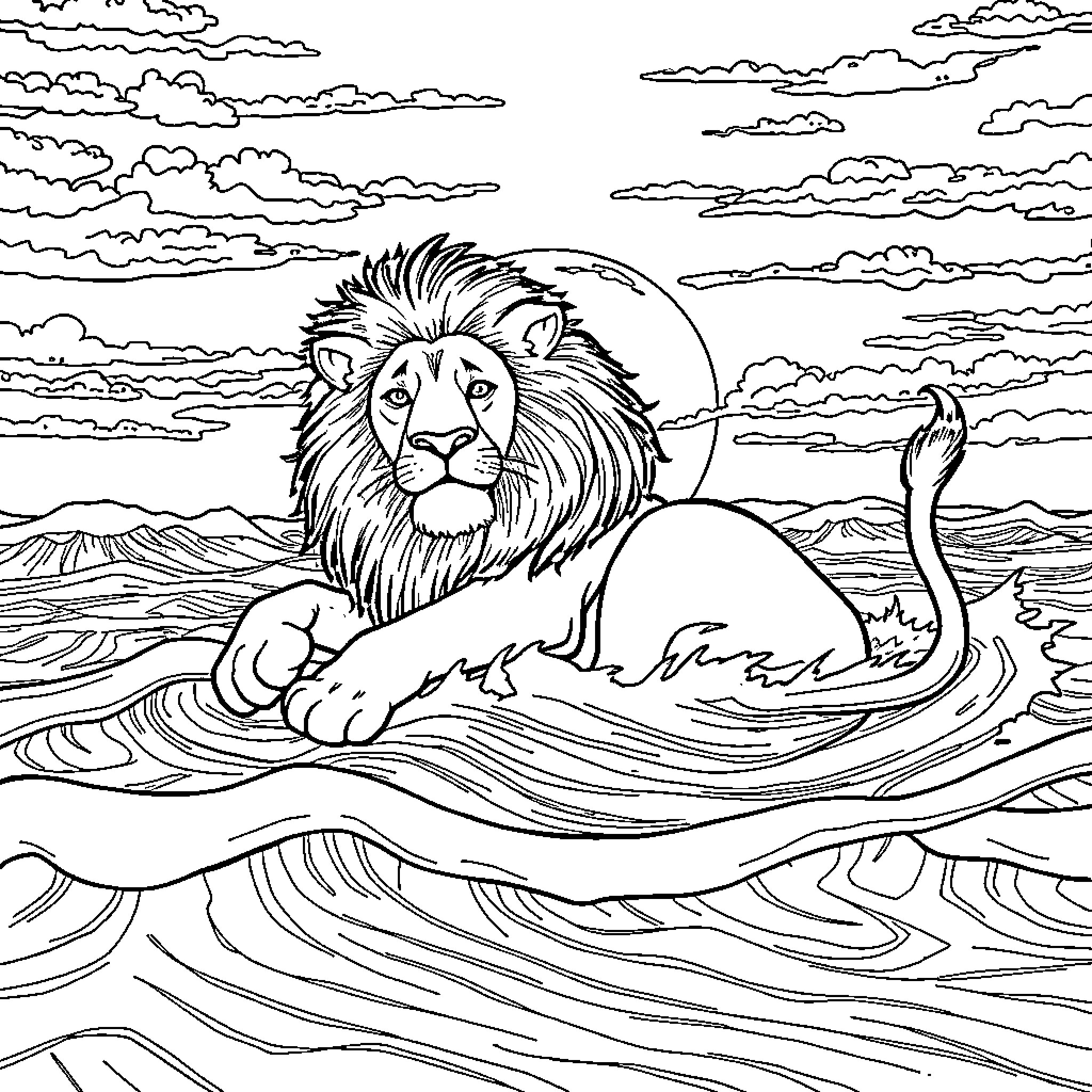 Lion resting on waves at sunset Coloring Page (free black-and-white line drawing printable PDF for all, from beginners to advanced learners, including children, teens, adults, and seniors)
