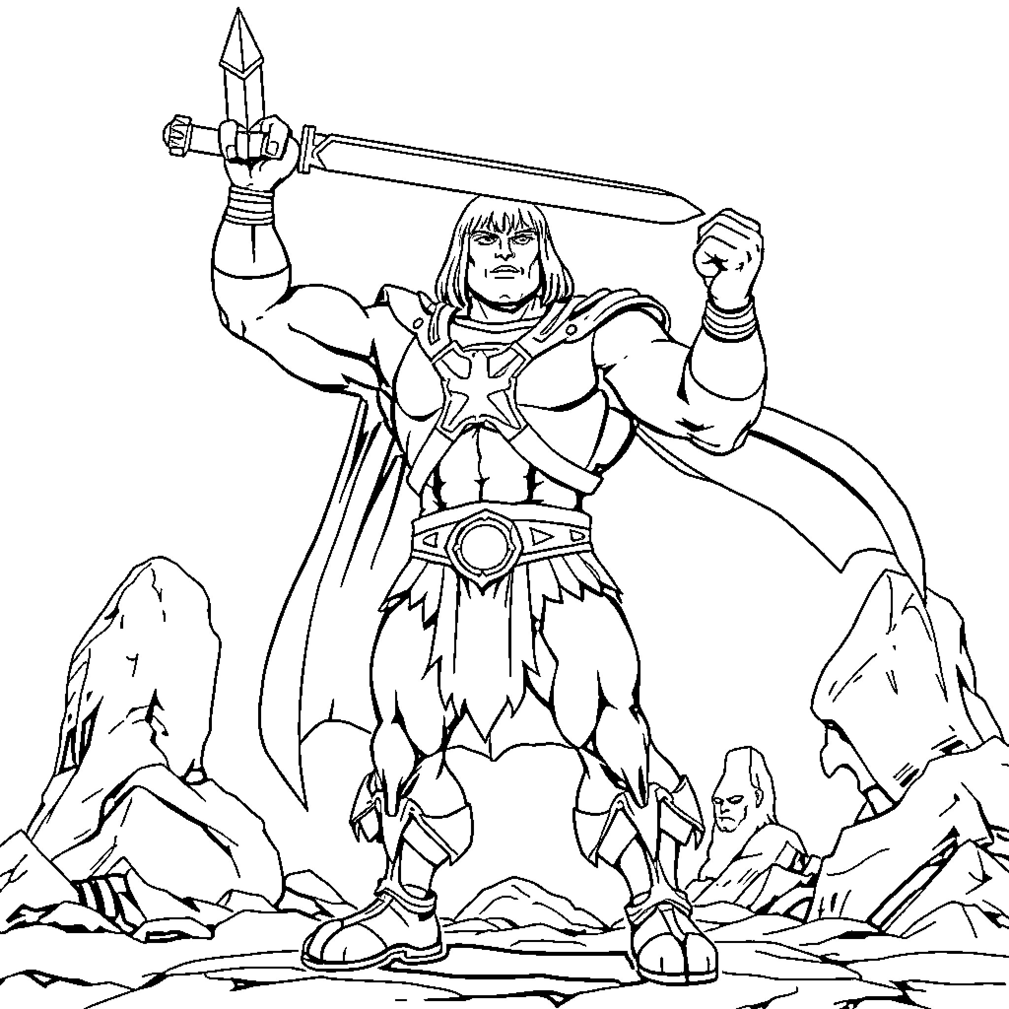 Manmaster Heroically Wielding Sword Amidst Rocky Terrain Coloring Page (free black-and-white line drawing printable PDF for all, from beginners to advanced learners, including children, teens, adults, and seniors)
