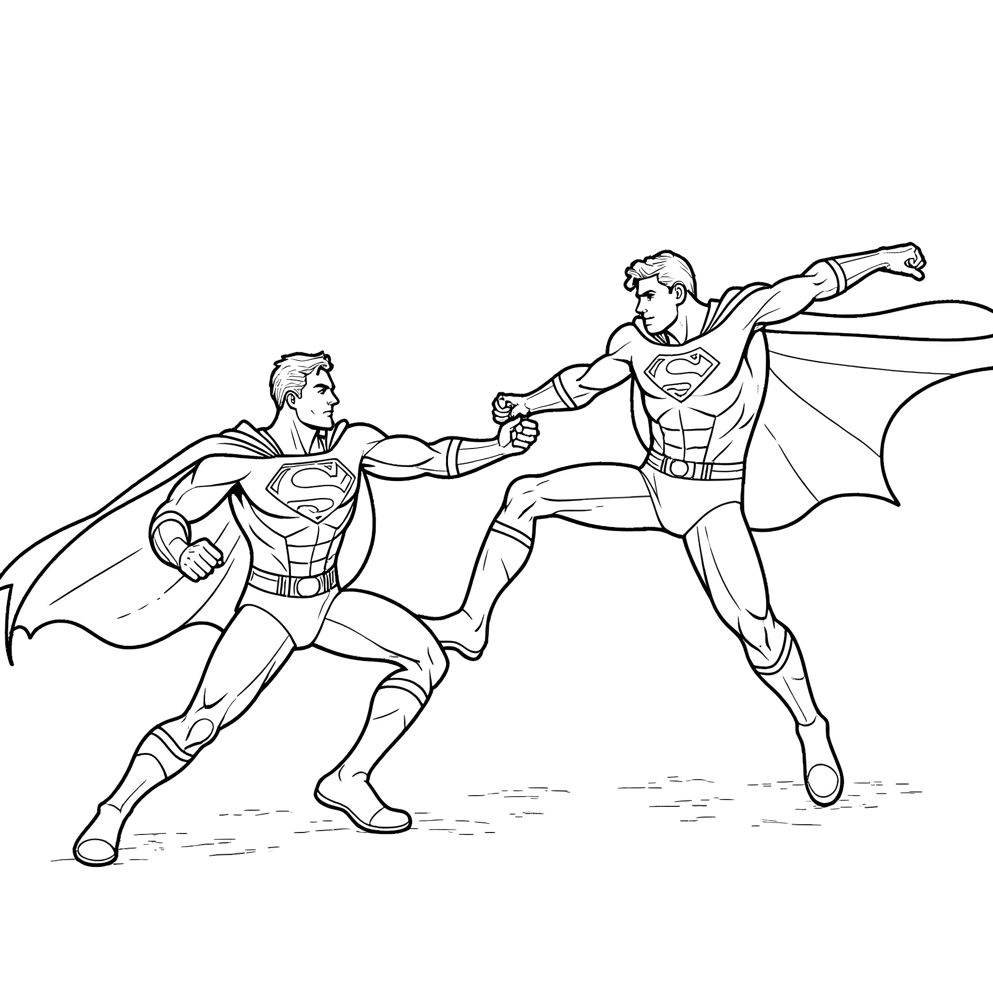 Superman heroes fighting together in action Coloring Page (free black-and-white line drawing printable PDF for all, from beginners to advanced learners, including children, teens, adults, and seniors)