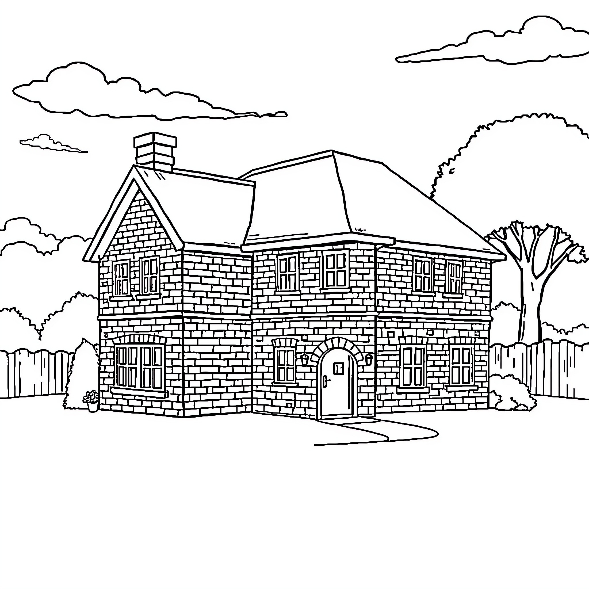 House with brick exterior and shuttered windows Coloring Page (free black-and-white line drawing printable PDF for all, from beginners to advanced learners, including children, teens, adults, and seniors)