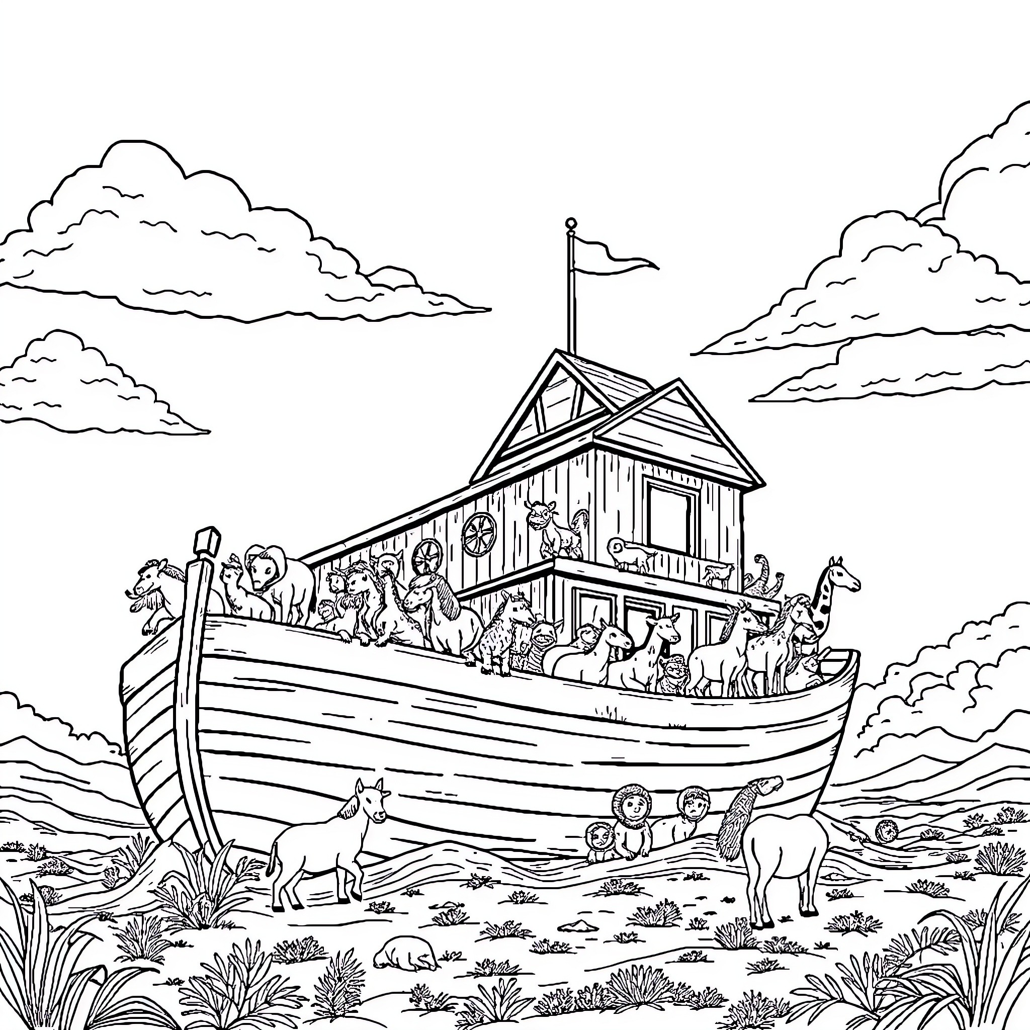 Noah's Ark with diverse animals and passengers aboard Coloring Page (free black-and-white line drawing printable PDF for all, from beginners to advanced learners, including children, teens, adults, and seniors)