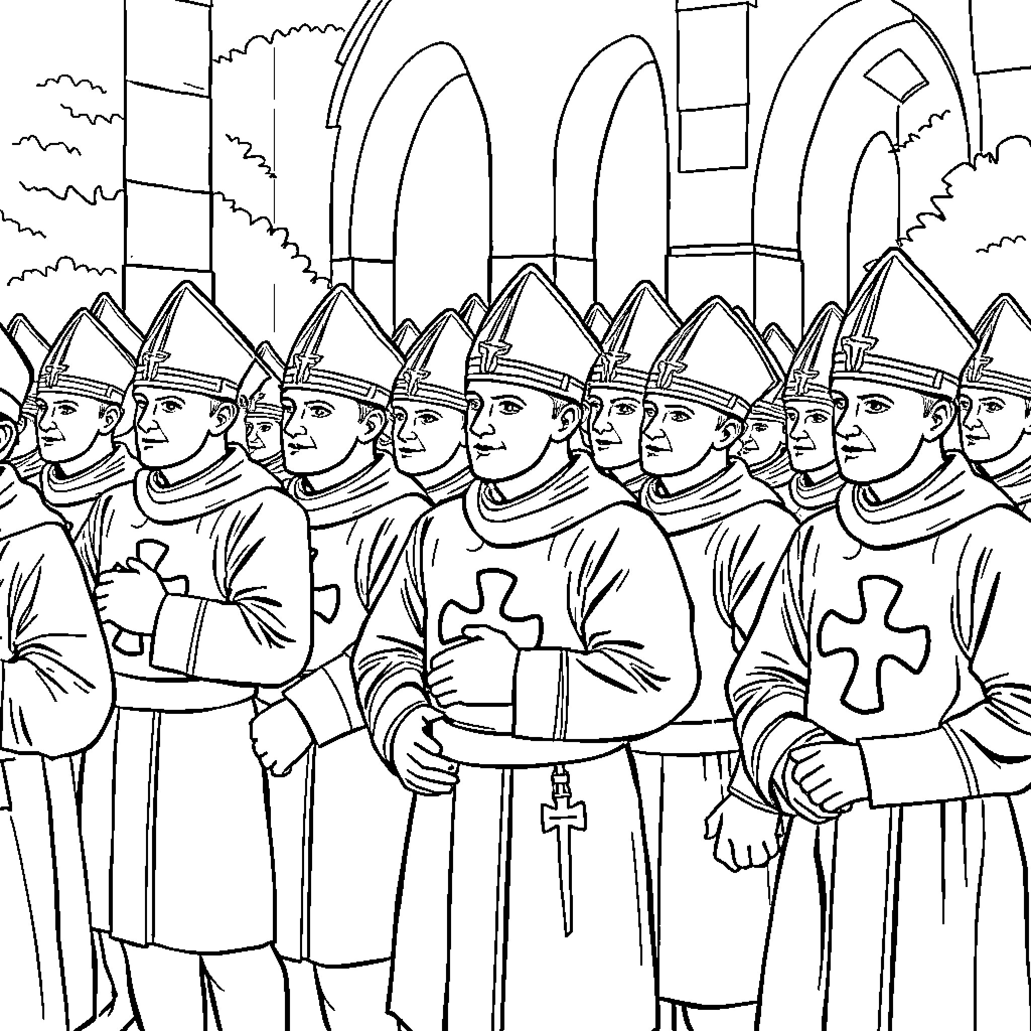 Knight Procession in Ornate Cathedral Coloring Page (free black-and-white line drawing printable PDF for all, from beginners to advanced learners, including children, teens, adults, and seniors)