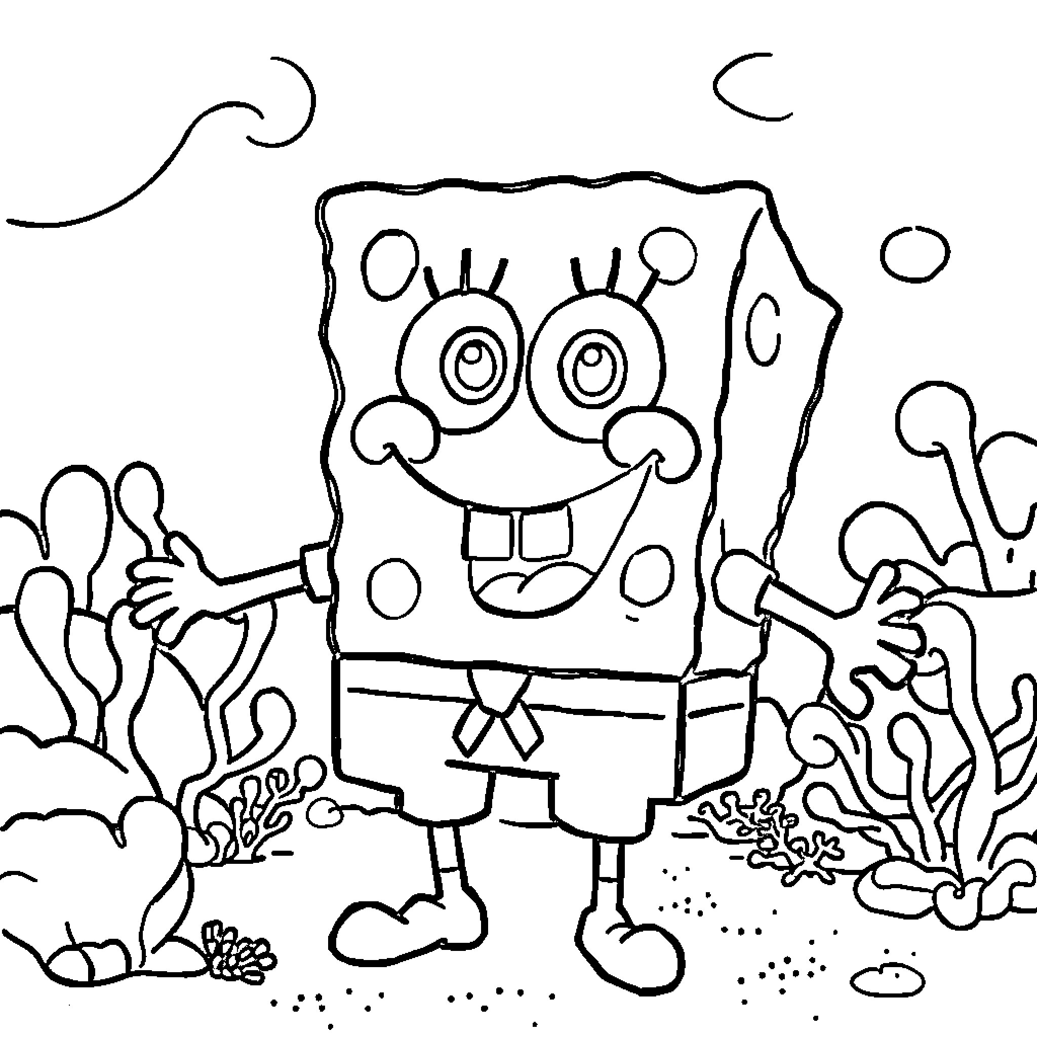 Spongebob exploring the underwater landscape Coloring Page (free black-and-white line drawing printable PDF for all, from beginners to advanced learners, including children, teens, adults, and seniors)
