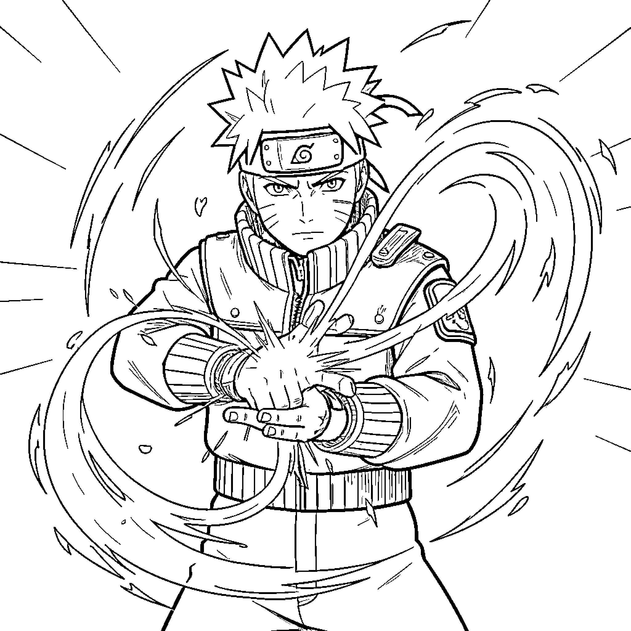 Naruto in Fierce Battle Stance Coloring Page (free black-and-white line drawing printable PDF for all, from beginners to advanced learners, including children, teens, adults, and seniors)