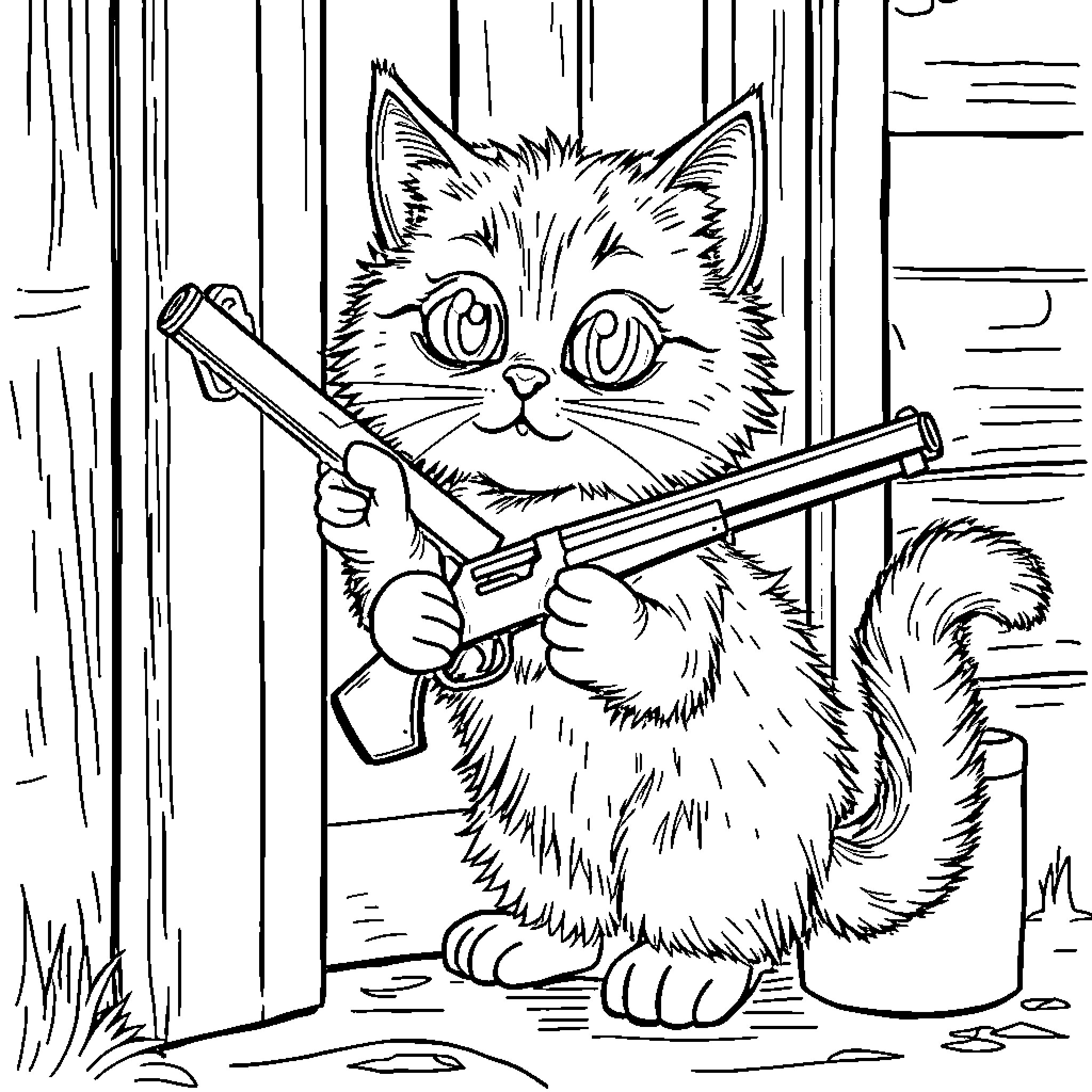 Cat with toy guns in wooden shed Coloring Page (free black-and-white line drawing printable PDF for all, from beginners to advanced learners, including children, teens, adults, and seniors)