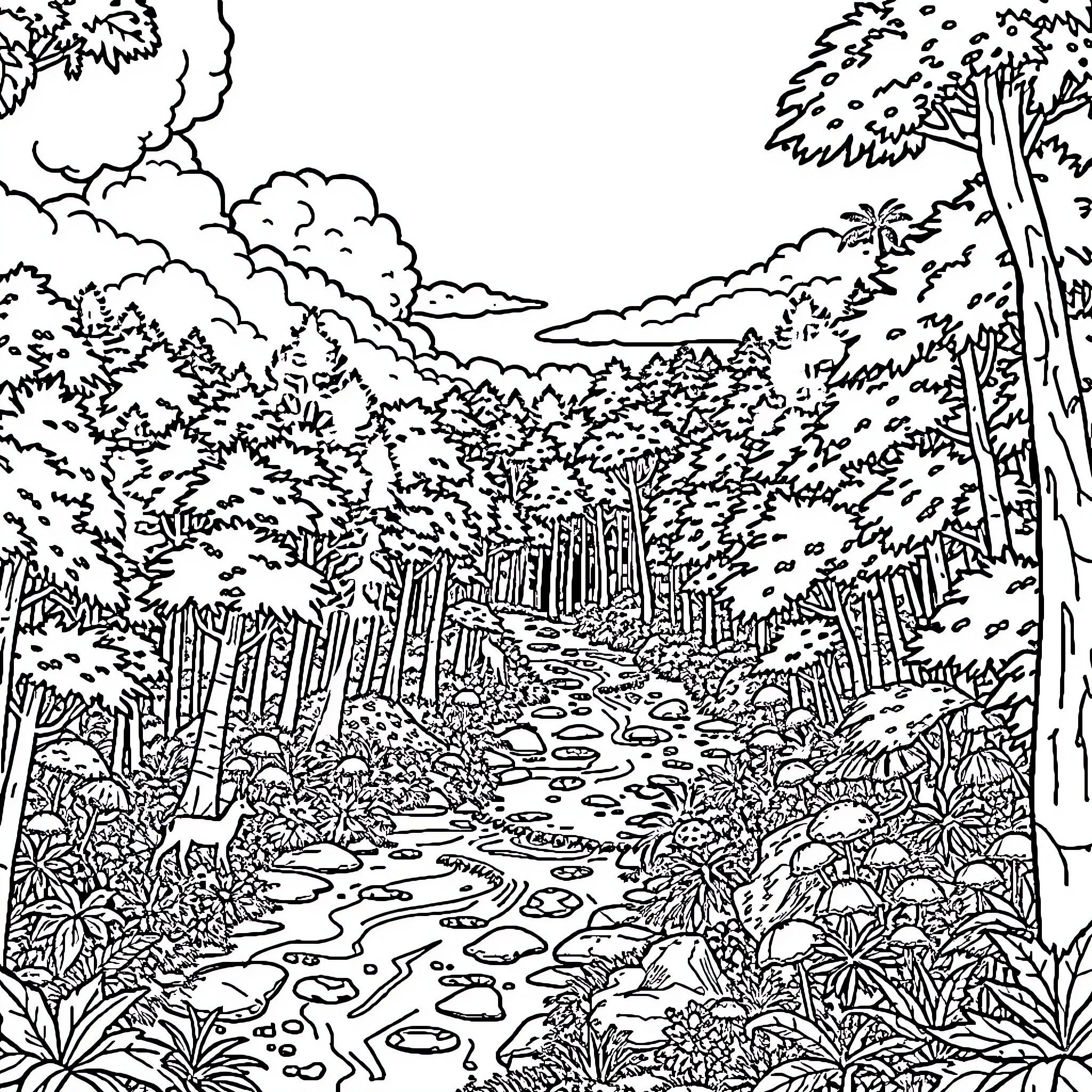 Animal forest landscape with flowing stream Coloring Page (free black-and-white line drawing printable PDF for all, from beginners to advanced learners, including children, teens, adults, and seniors)