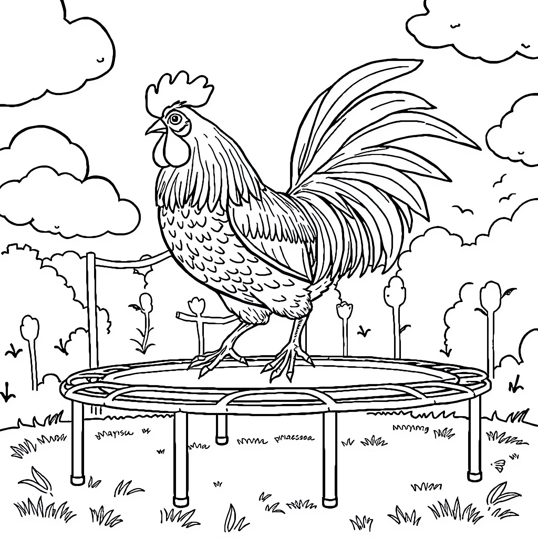 Rooster proudly standing on a platform in nature Coloring Page (free black-and-white line drawing printable PDF for all, from beginners to advanced learners, including children, teens, adults, and seniors)