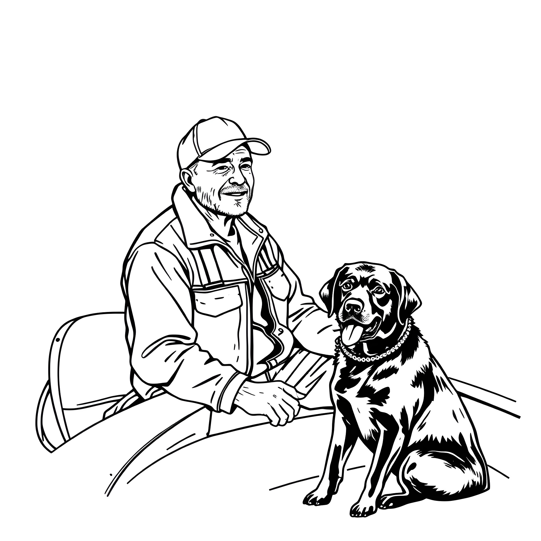 Man with his loyal dog companion Coloring Page (free black-and-white line drawing printable PDF for all, from beginners to advanced learners, including children, teens, adults, and seniors)