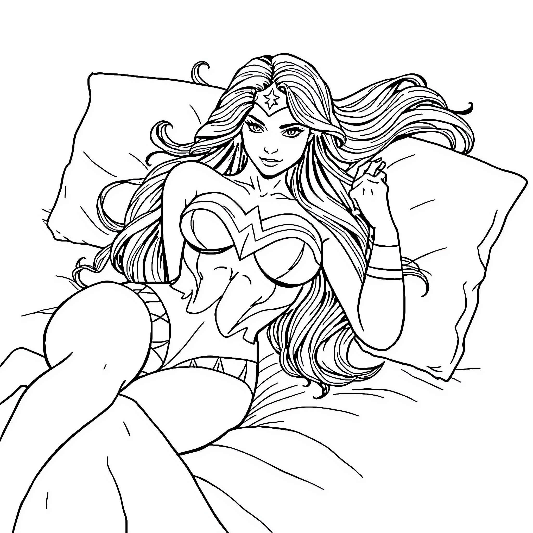 Wonder Woman striking a heroic pose Coloring Page (free black-and-white line drawing printable PDF for all, from beginners to advanced learners, including children, teens, adults, and seniors)