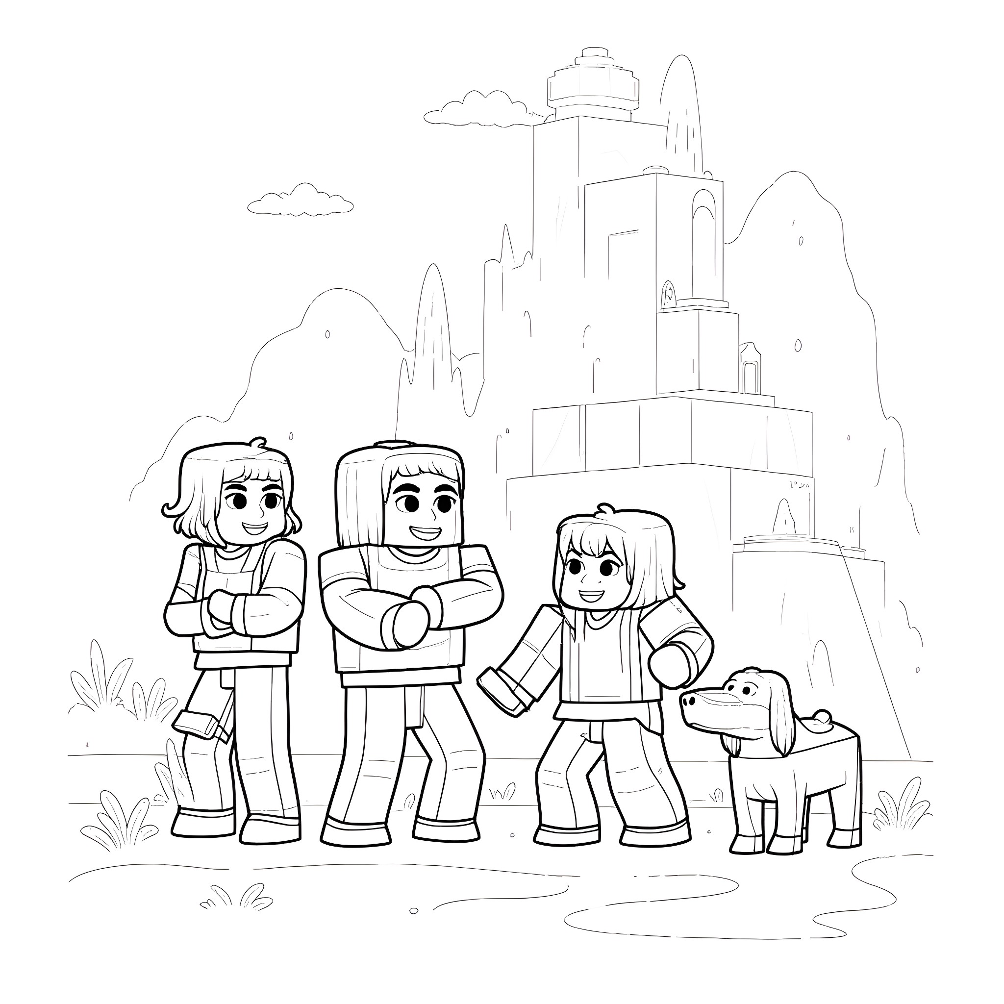 Minecraft characters enjoying a scenic adventure Coloring Page (free black-and-white line drawing printable PDF for all, from beginners to advanced learners, including children, teens, adults, and seniors)
