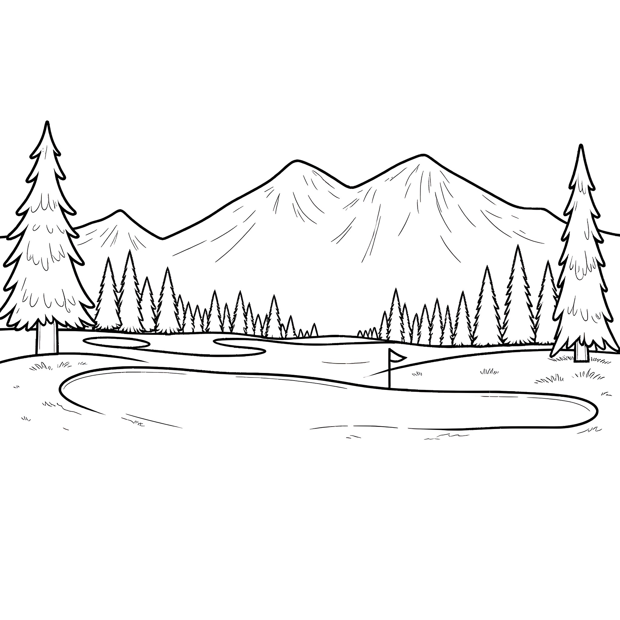 Golf Course with Scenic Mountain Landscape Coloring Page (free black-and-white line drawing printable PDF for all, from beginners to advanced learners, including children, teens, adults, and seniors)
