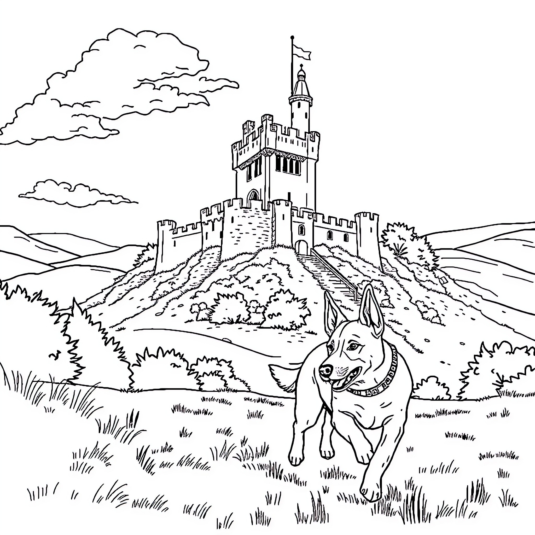 Castle with dog in pastoral landscape Coloring Page (free black-and-white line drawing printable PDF for all, from beginners to advanced learners, including children, teens, adults, and seniors)