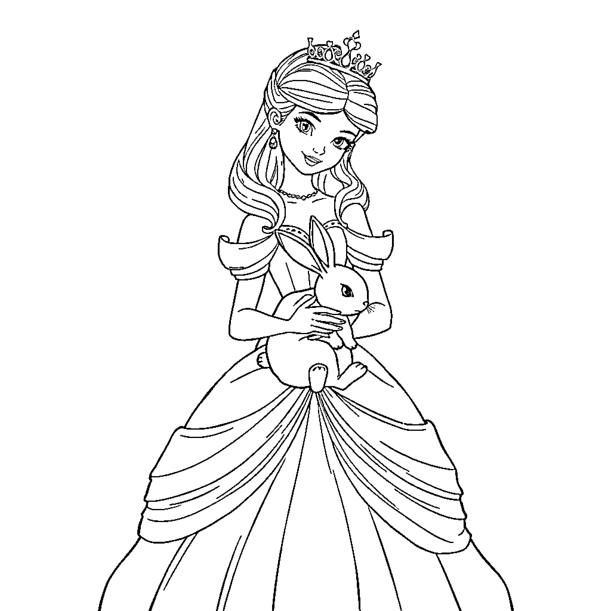 Princess in Elegant Ball Gown with Pet Rabbit Coloring Page (free black-and-white line drawing printable PDF for all, from beginners to advanced learners, including children, teens, adults, and seniors)