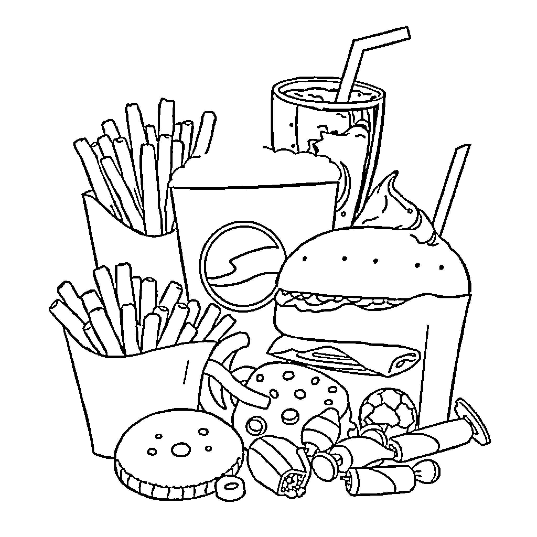 Food items and beverages on a table Coloring Page (free black-and-white line drawing printable PDF for all, from beginners to advanced learners, including children, teens, adults, and seniors)