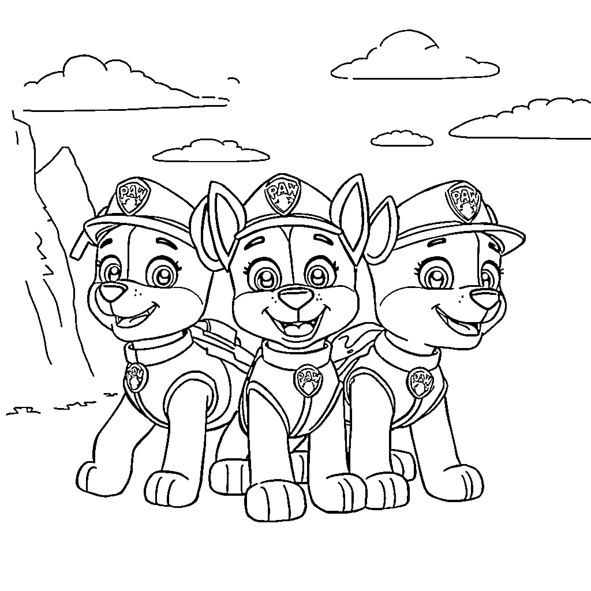 Paw Patrol puppies on a mission Coloring Page (free black-and-white line drawing printable PDF for all, from beginners to advanced learners, including children, teens, adults, and seniors)