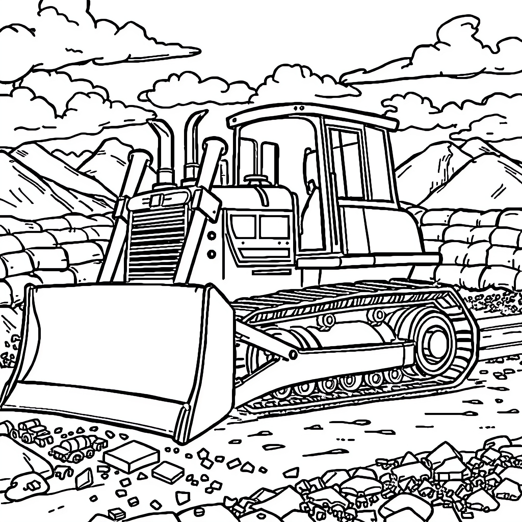 Caterpillar Construction Machinery at Work in Nature Coloring Page (free black-and-white line drawing printable PDF for all, from beginners to advanced learners, including children, teens, adults, and seniors)
